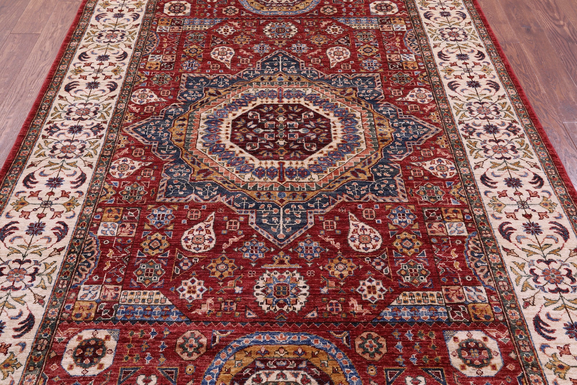Red Geometric Persian Mamluk Hand Knotted Wool Rug - 6' 0" X 8' 6" - Golden Nile