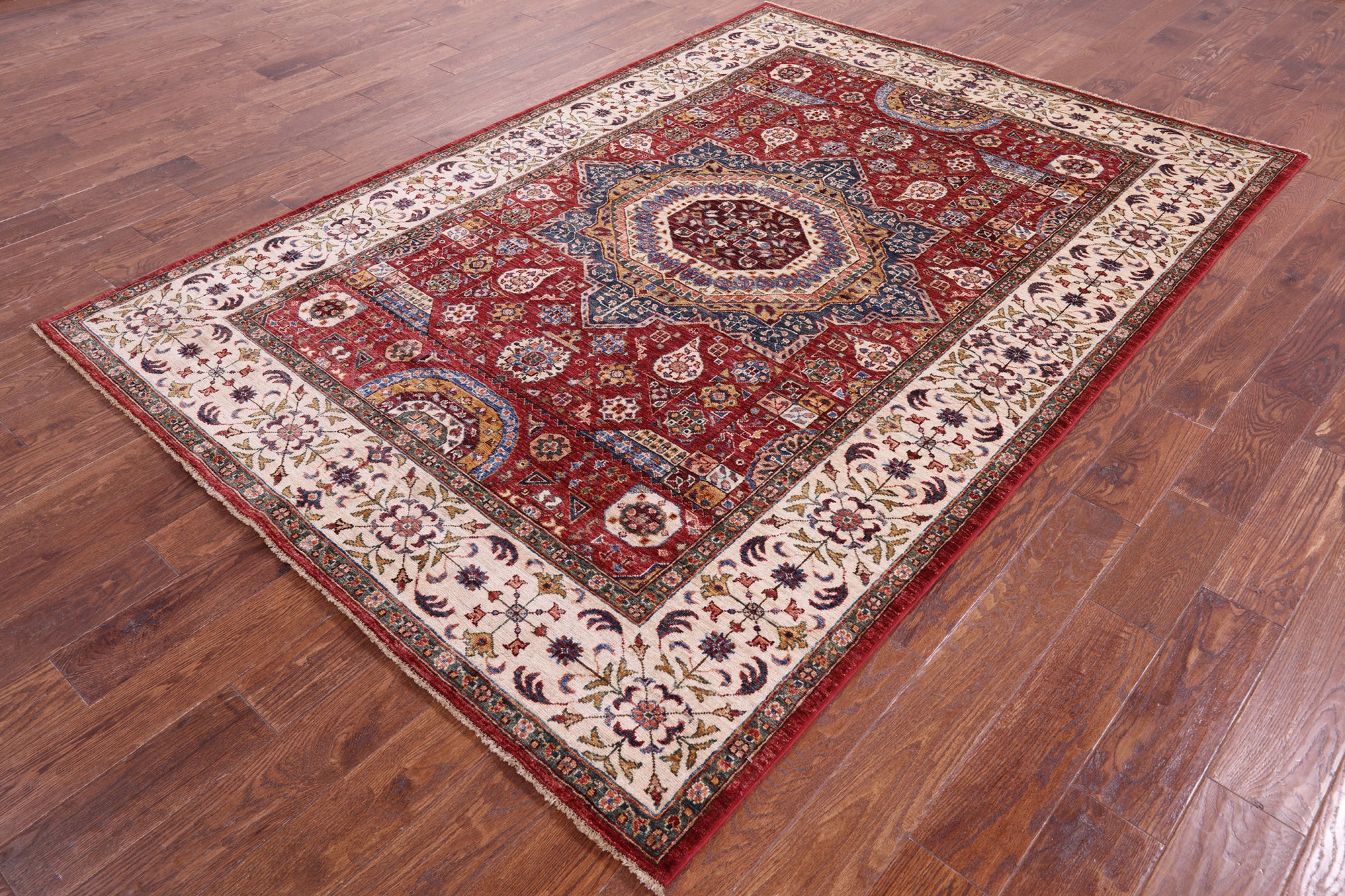 Red Geometric Persian Mamluk Hand Knotted Wool Rug - 6' 0" X 8' 6" - Golden Nile