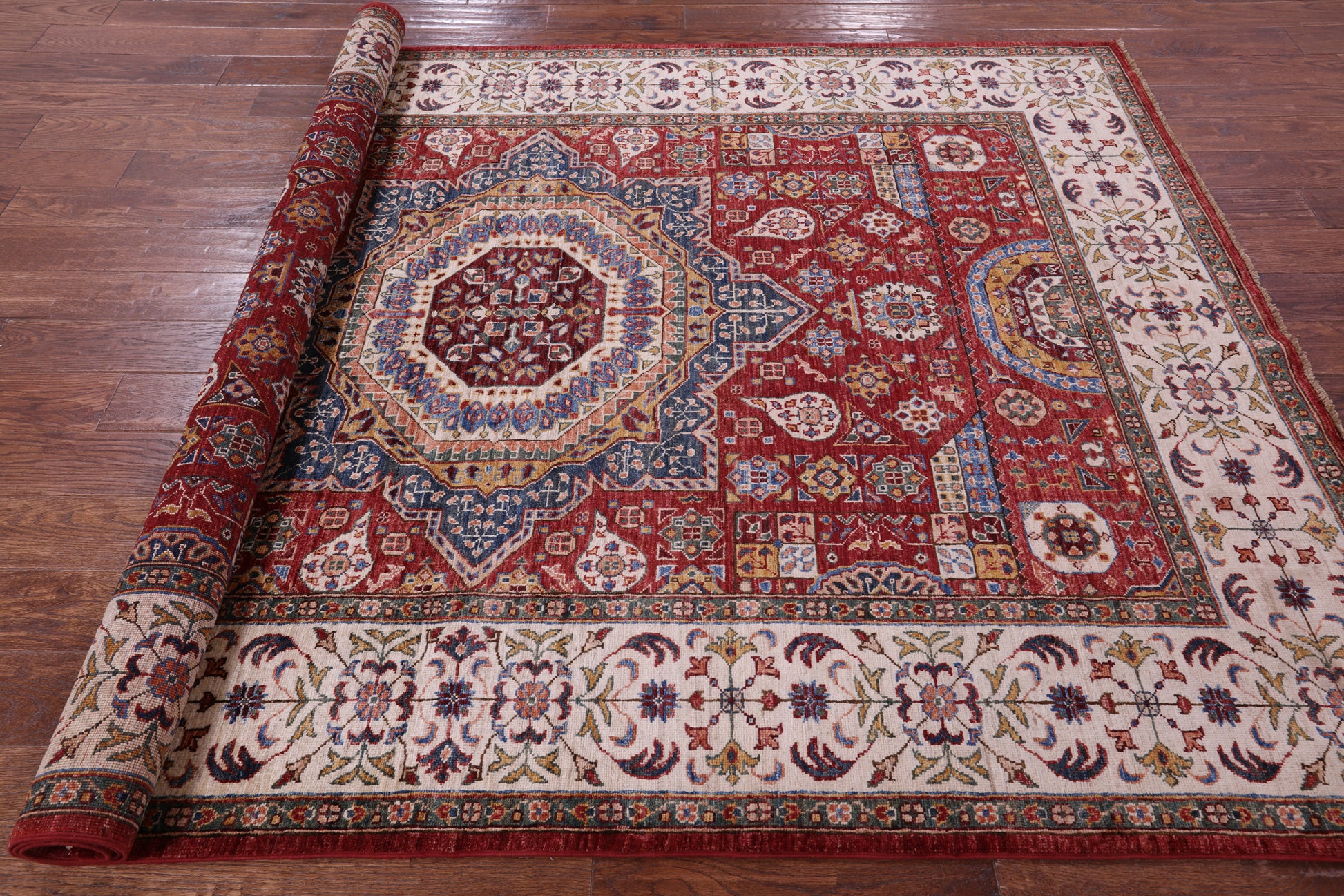 Red Geometric Persian Mamluk Hand Knotted Wool Rug - 6' 0" X 8' 6" - Golden Nile