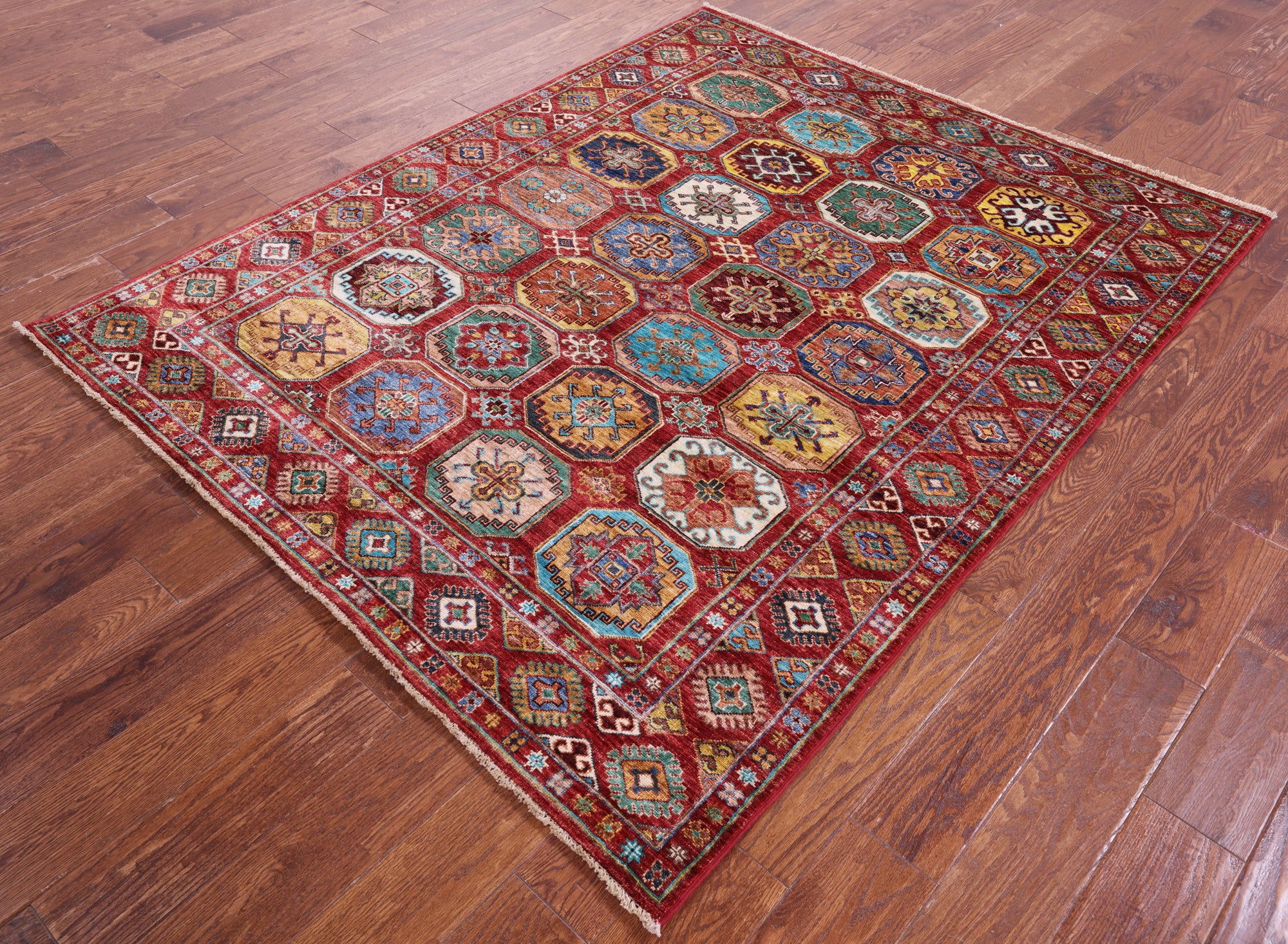 Red Turkmen Ersari Hand Knotted Wool Rug - 5' 2" X 6' 6" - Golden Nile