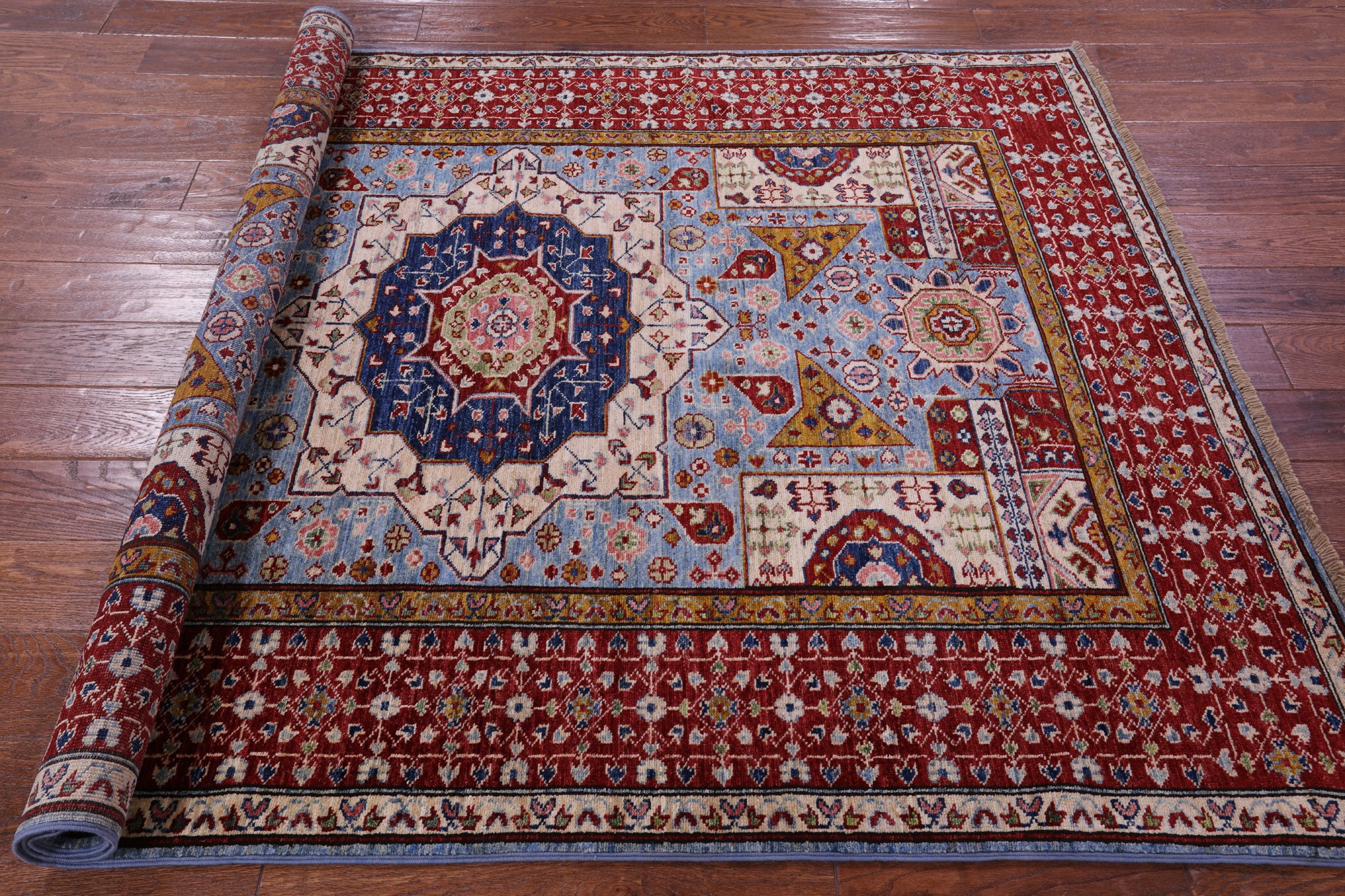 Blue Geometric Persian Mamluk Hand Knotted Wool Rug - 4' 11" X 6' 8" - Golden Nile