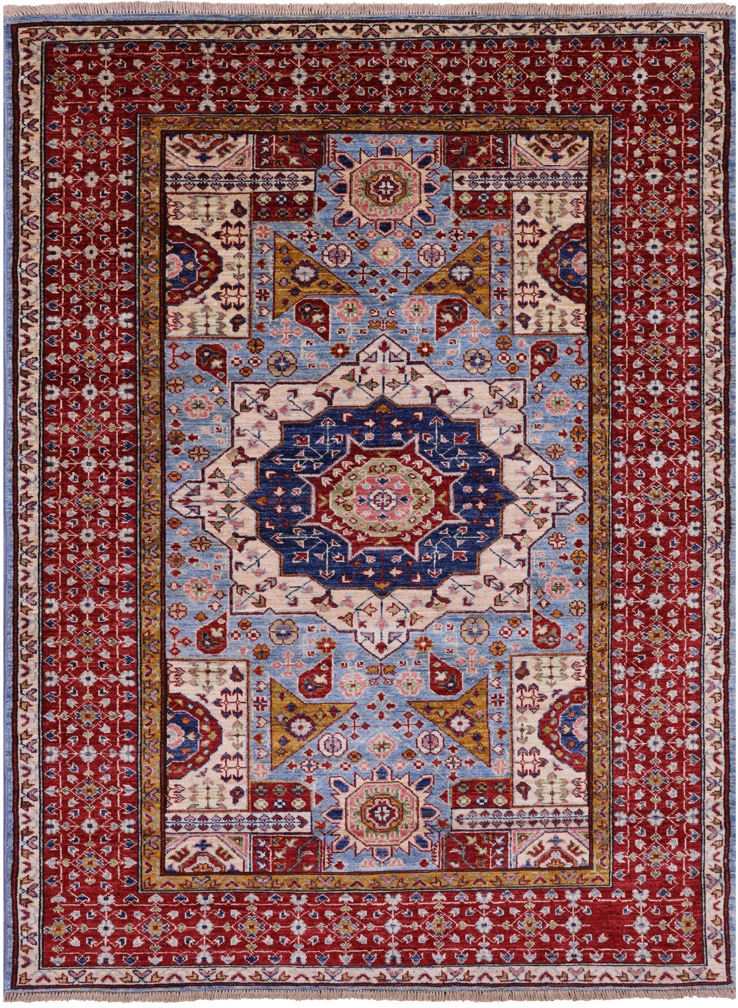 Blue Geometric Persian Mamluk Hand Knotted Wool Rug - 4' 11" X 6' 8" - Golden Nile