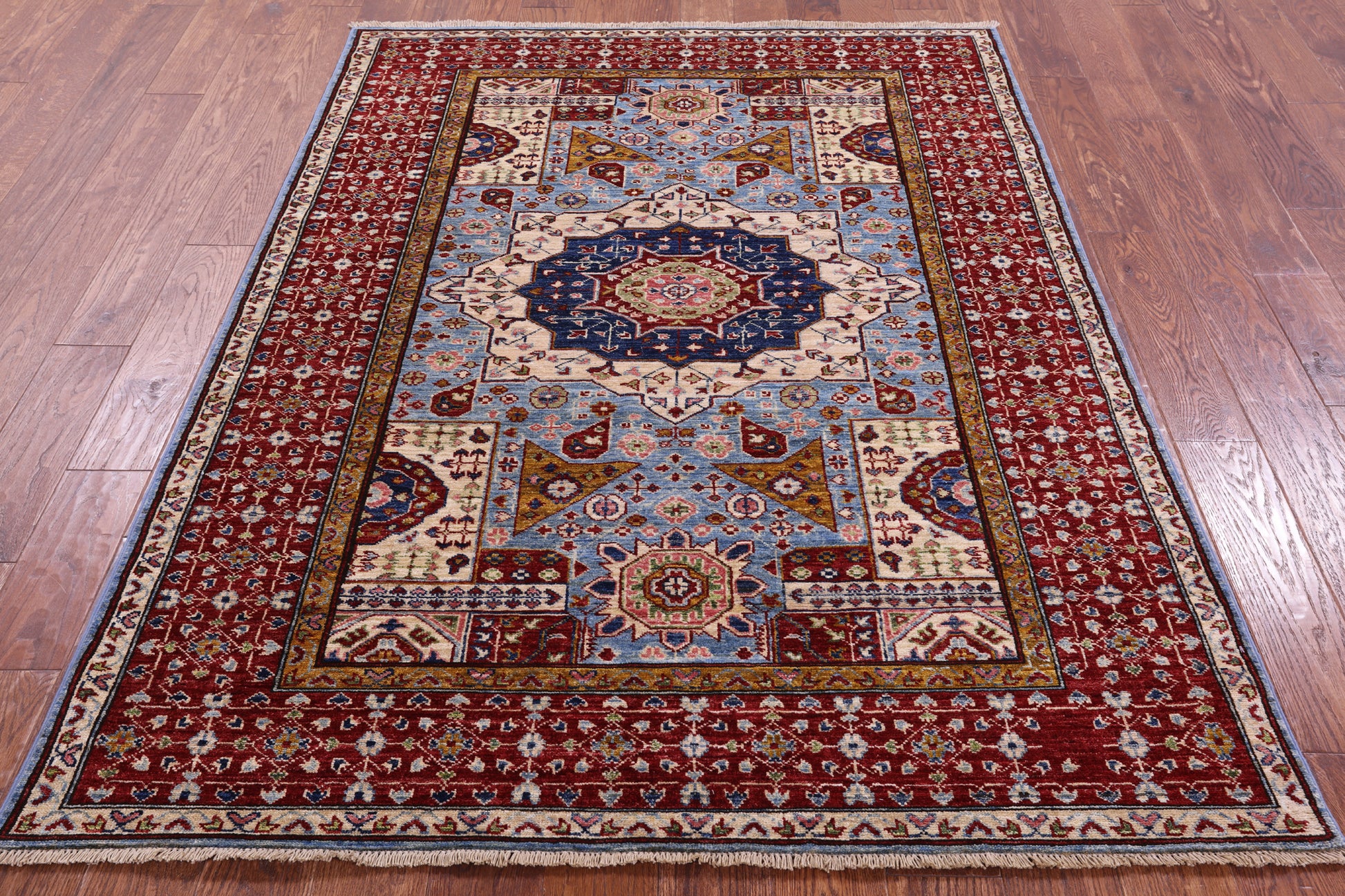 Blue Geometric Persian Mamluk Hand Knotted Wool Rug - 4' 11" X 6' 8" - Golden Nile