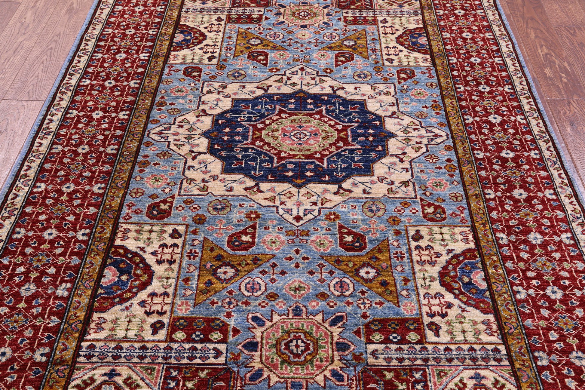 Blue Geometric Persian Mamluk Hand Knotted Wool Rug - 4' 11" X 6' 8" - Golden Nile