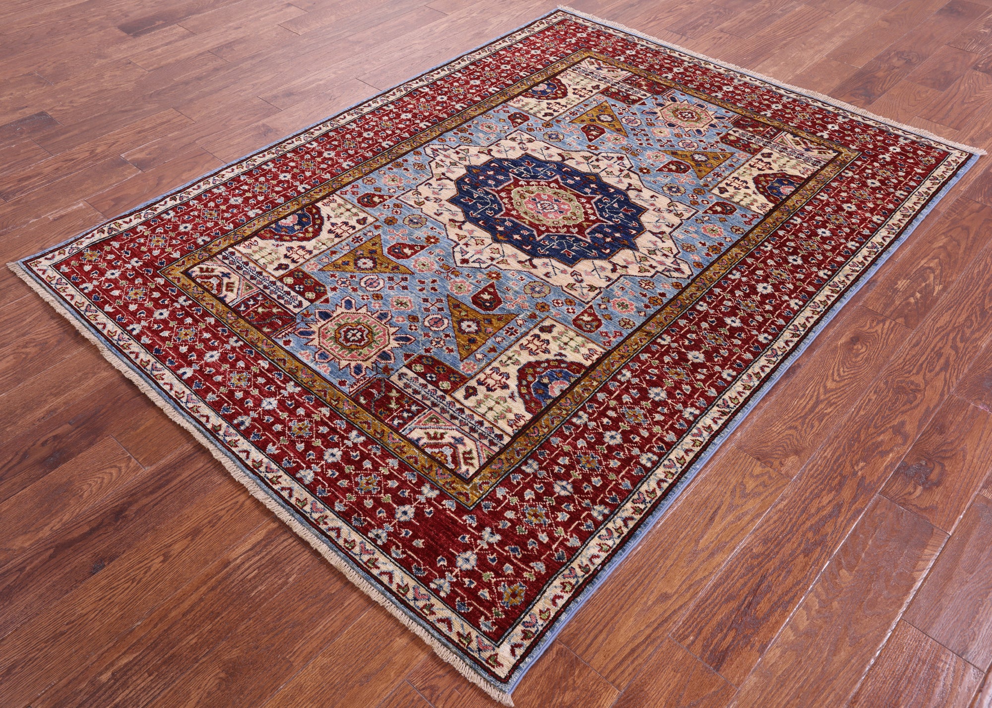 Blue Geometric Persian Mamluk Hand Knotted Wool Rug - 4' 11" X 6' 8" - Golden Nile