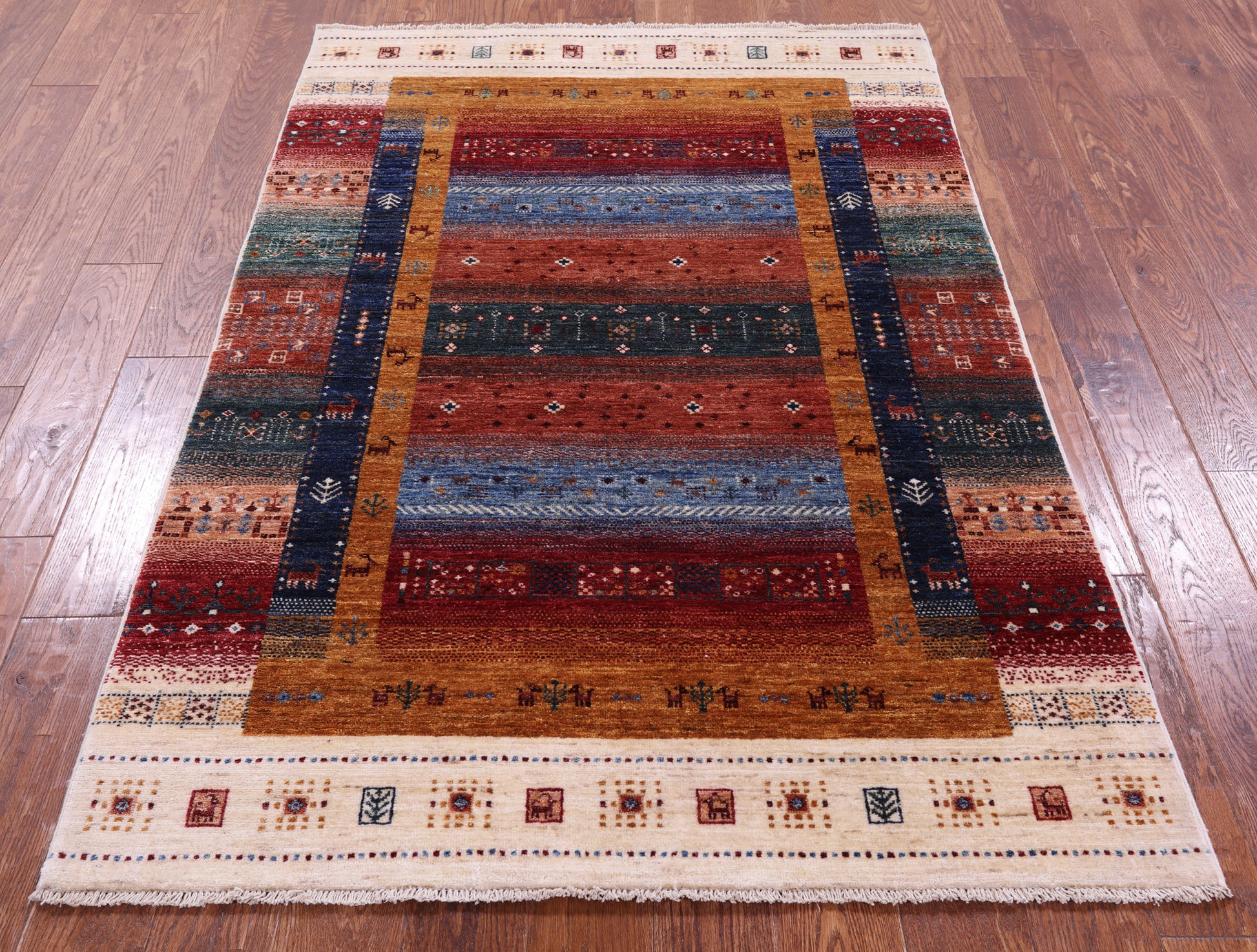 Persian Gabbeh Tribal Hand Knotted Wool Rug - 4' 0" X 5' 10" - Golden Nile