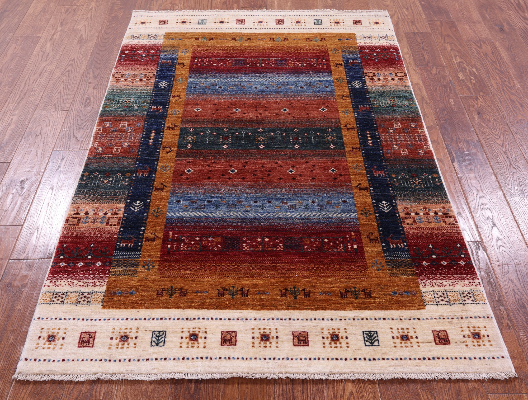 Persian Gabbeh Tribal Hand Knotted Wool Rug - 4' 0" X 5' 10" - Golden Nile