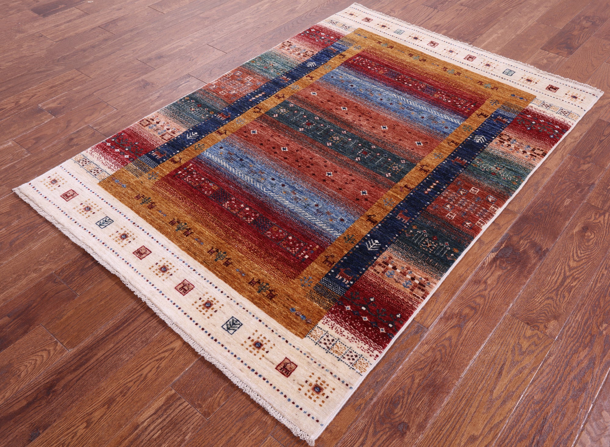 Persian Gabbeh Tribal Hand Knotted Wool Rug - 4' 0" X 5' 10" - Golden Nile