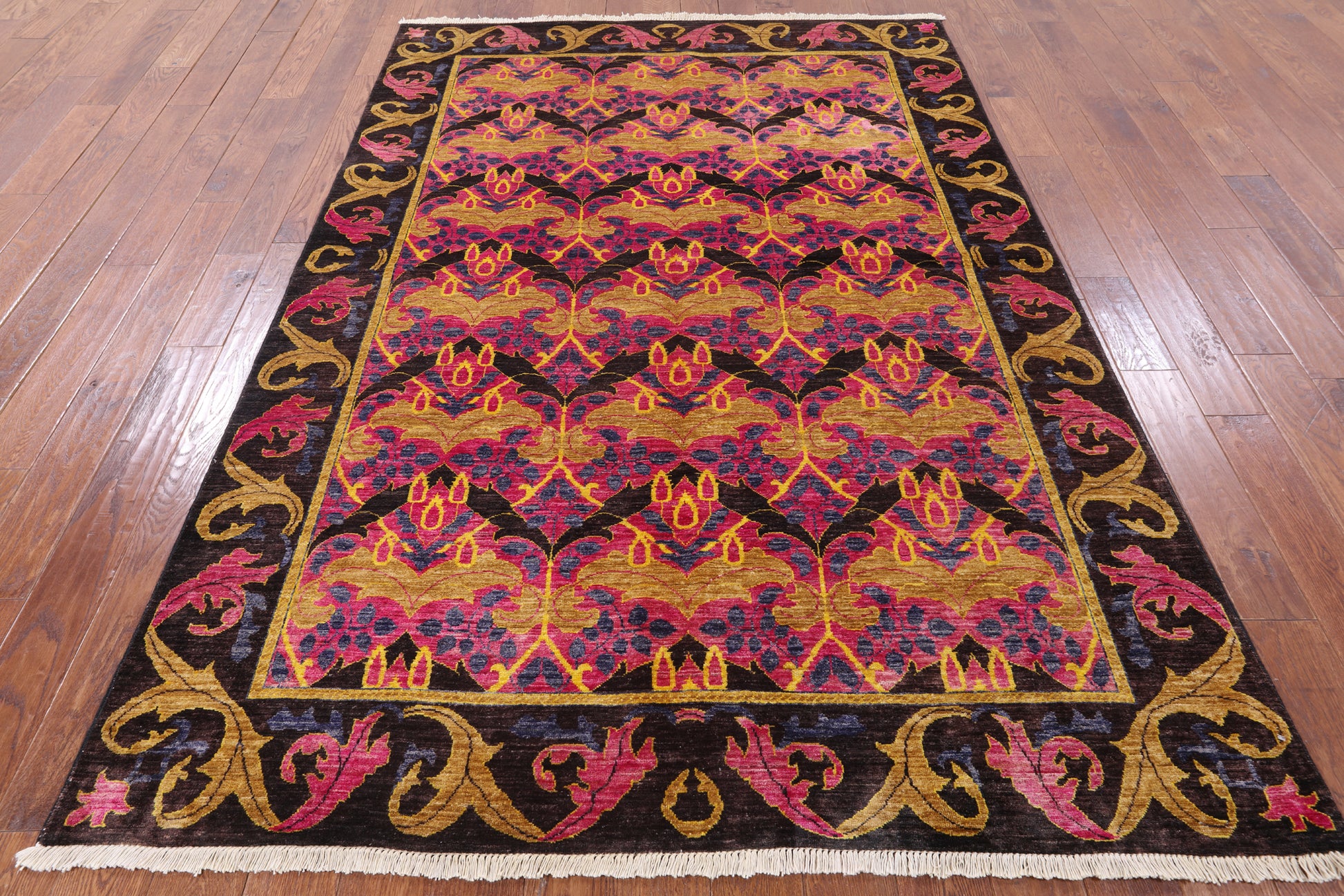 Pink William Morris Hand Knotted Wool Area Rug - 6' 1" X 8' 10" - Golden Nile