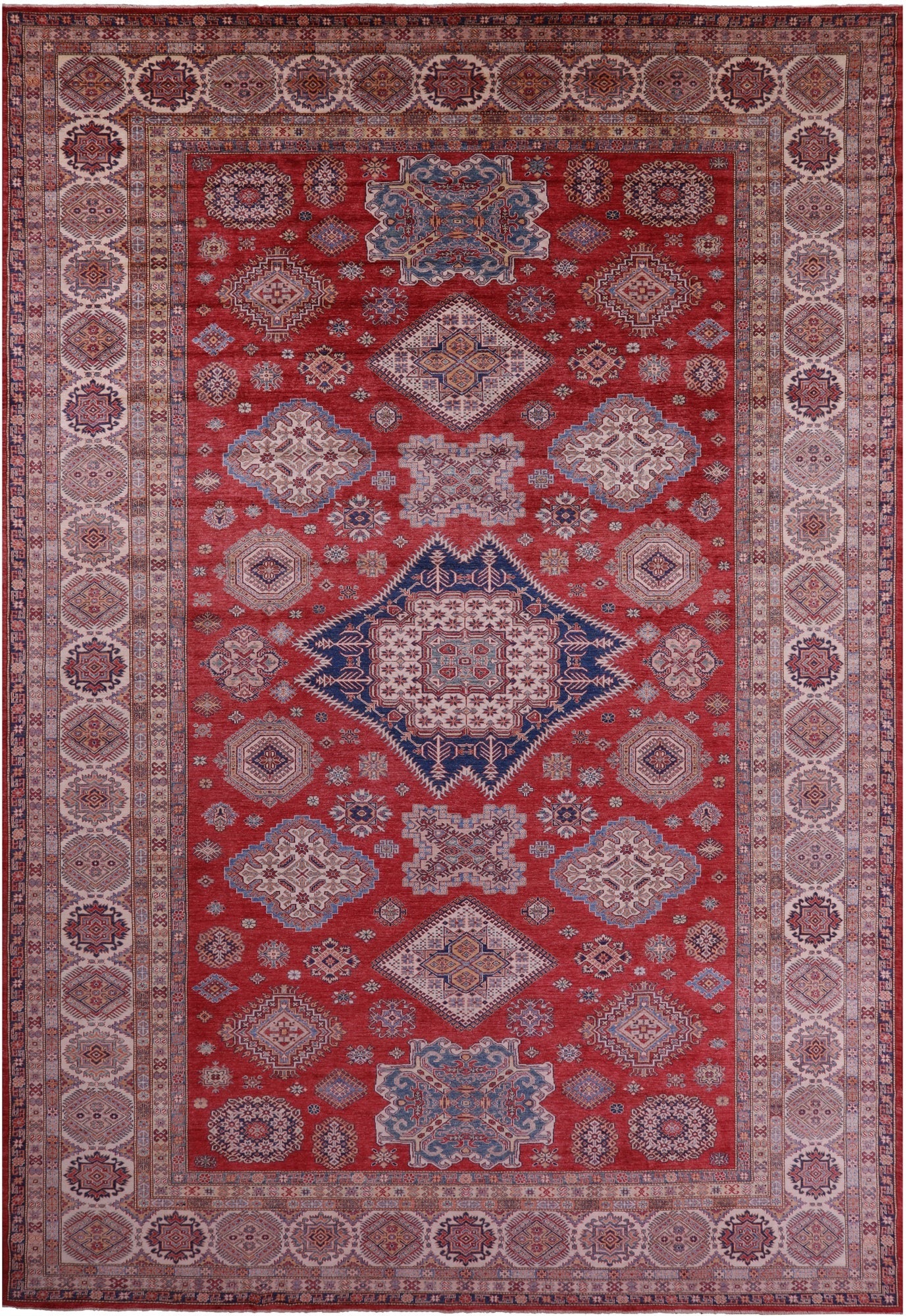 Red Super Kazak Hand Knotted Wool Rug - 13' 2" X 19' 7" - Golden Nile