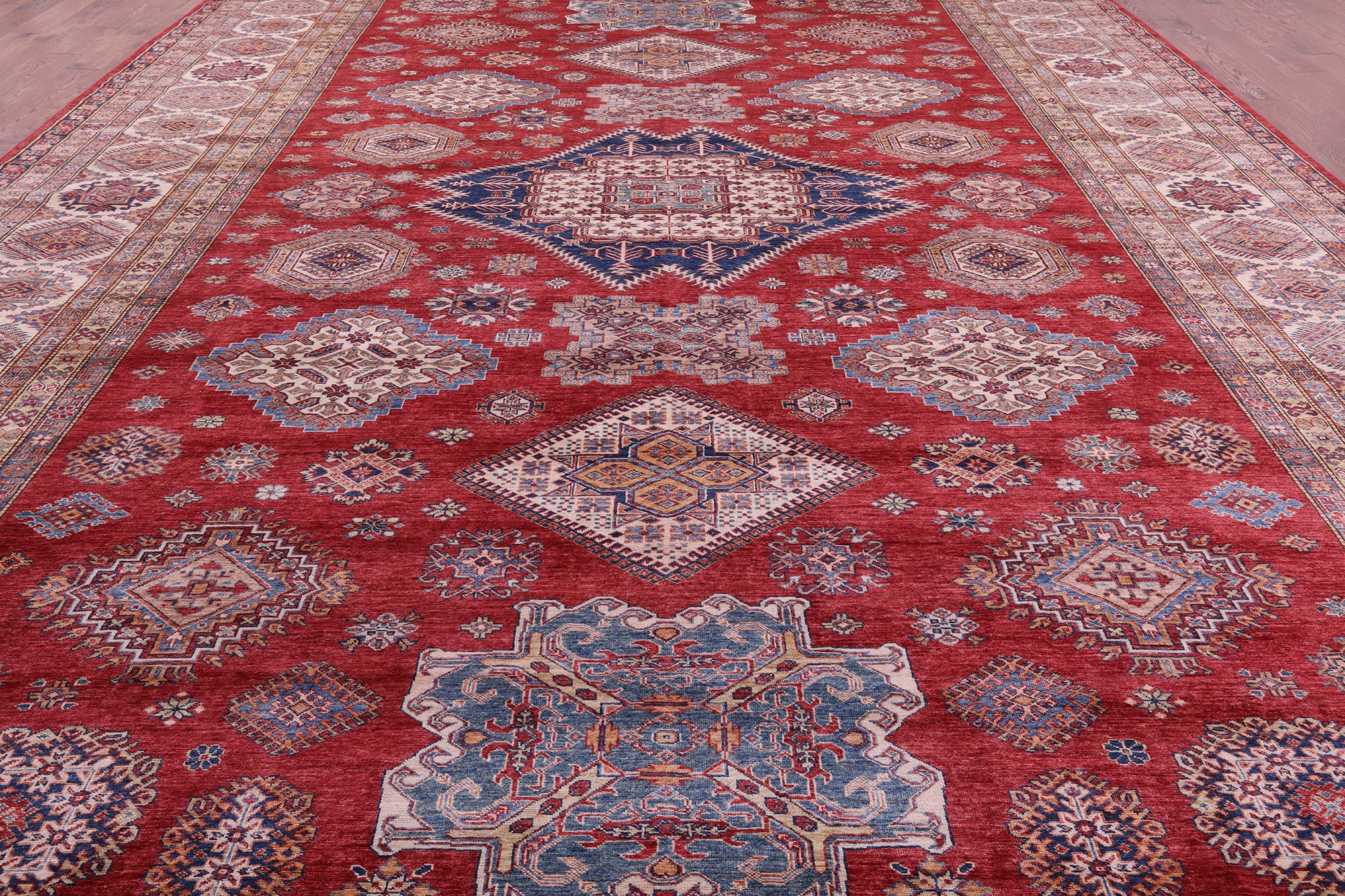 Red Super Kazak Hand Knotted Wool Rug - 13' 2" X 19' 7" - Golden Nile