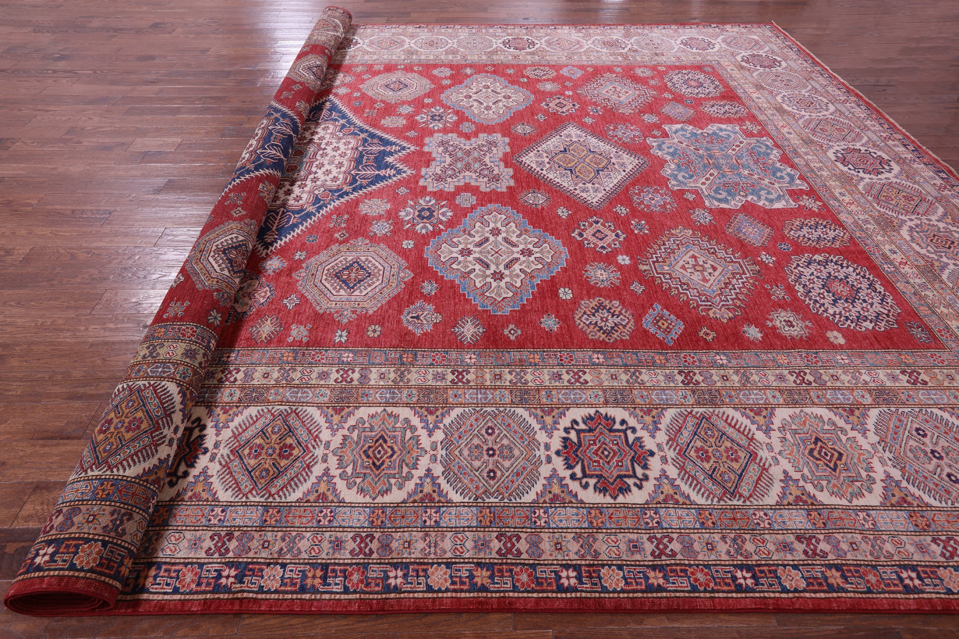 Red Super Kazak Hand Knotted Wool Rug - 13' 2" X 19' 7" - Golden Nile