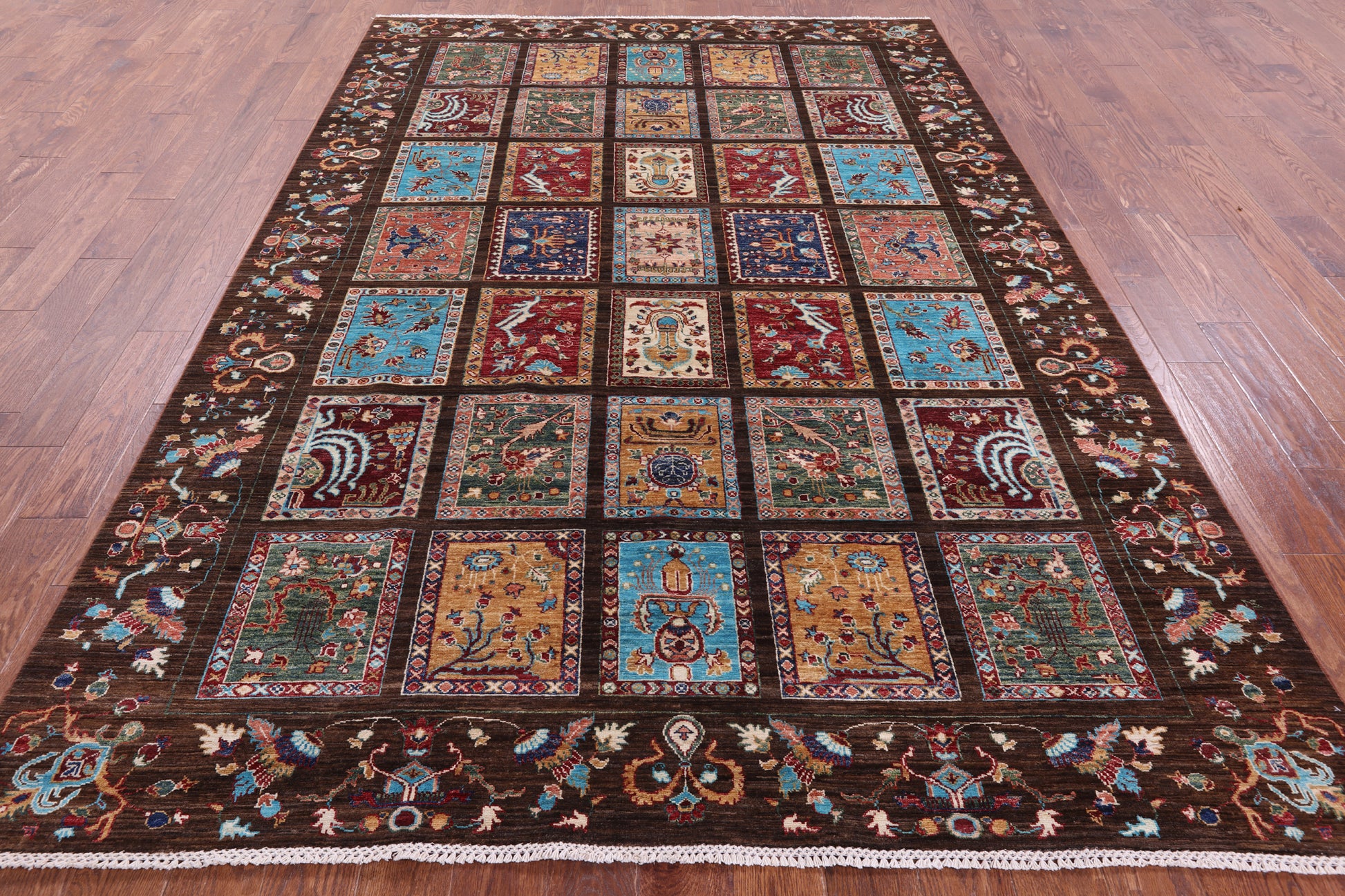 Brown Garden Design Persian Hand Knotted Wool Rug - 6' 11" X 9' 11" - Golden Nile