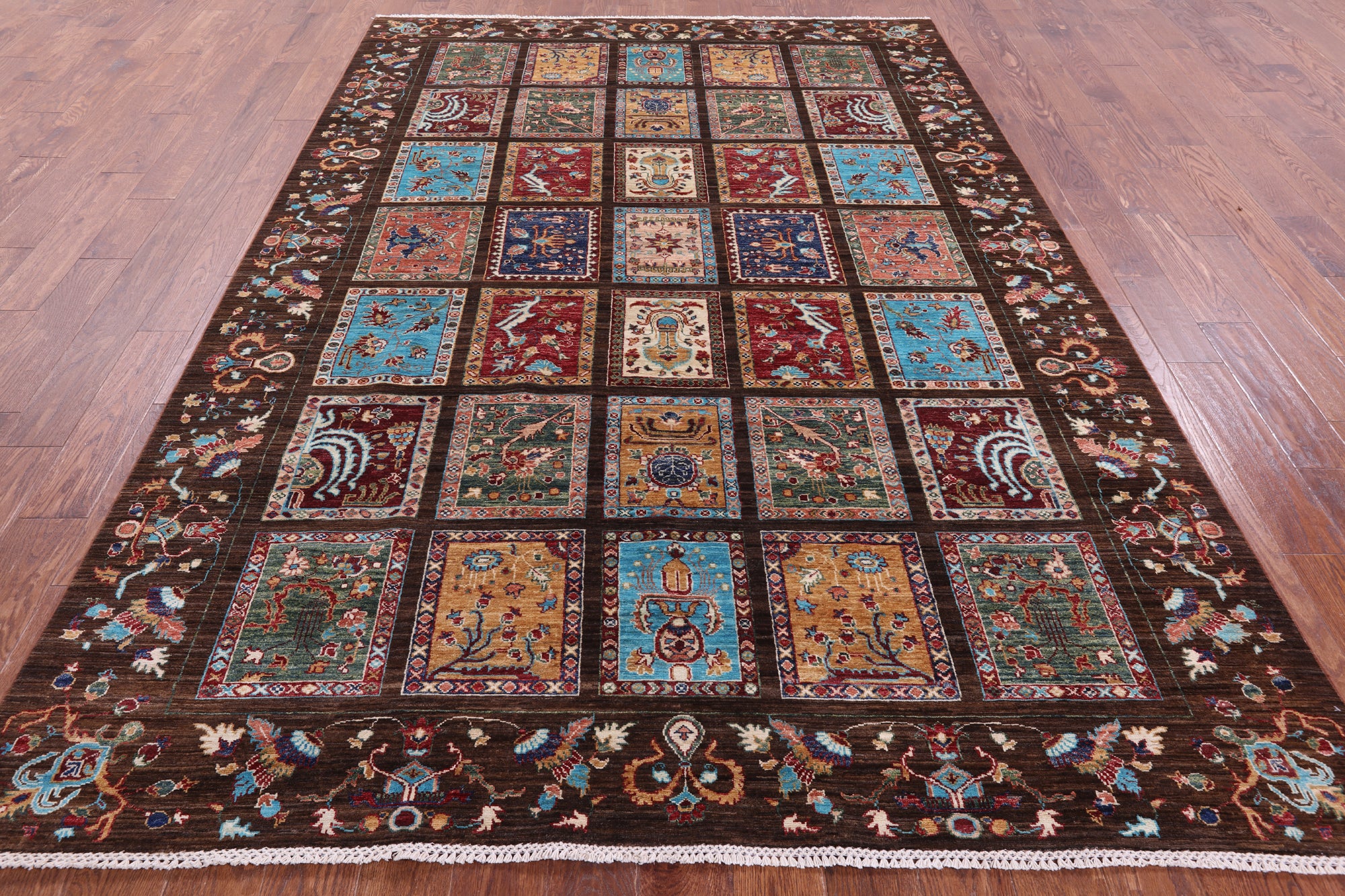 Brown Garden Design Persian Hand Knotted Wool Rug - 6' 11" X 9' 11" - Golden Nile