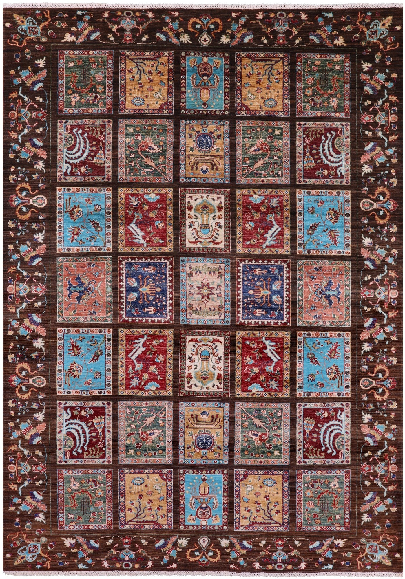 Brown Garden Design Persian Hand Knotted Wool Rug - 6' 11" X 9' 11" - Golden Nile