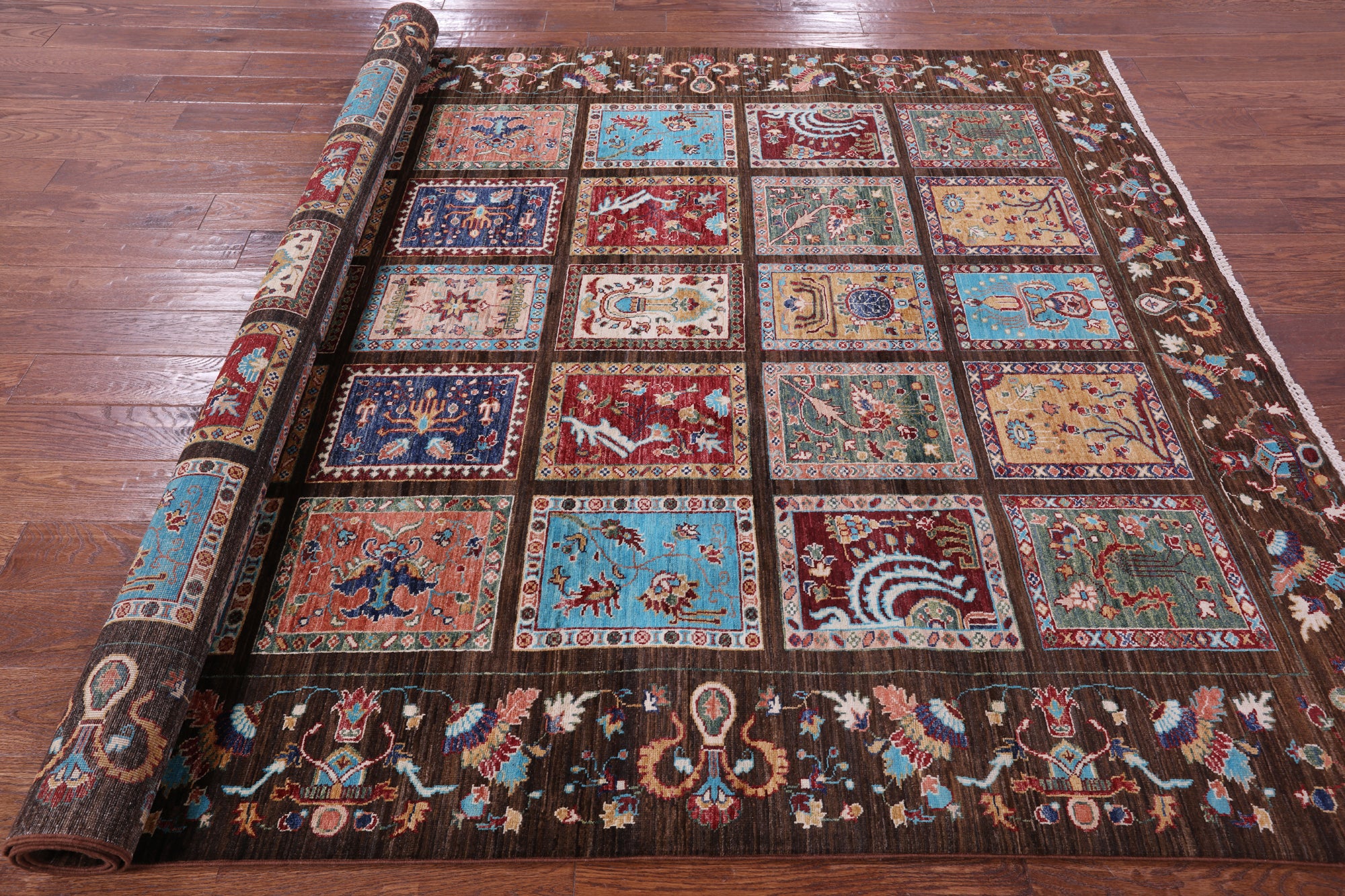 Brown Garden Design Persian Hand Knotted Wool Rug - 6' 11" X 9' 11" - Golden Nile
