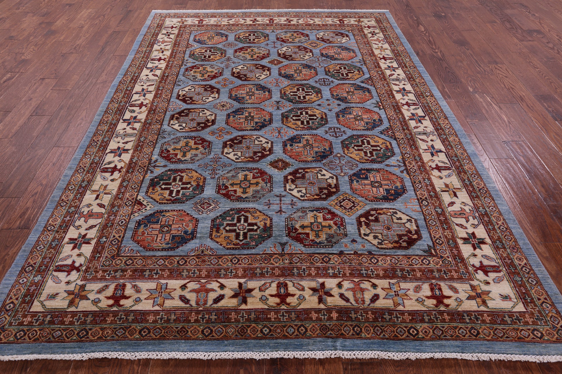 Blue Turkmen Ersari Hand Knotted Wool Rug - 6' 11" X 9' 9" - Golden Nile