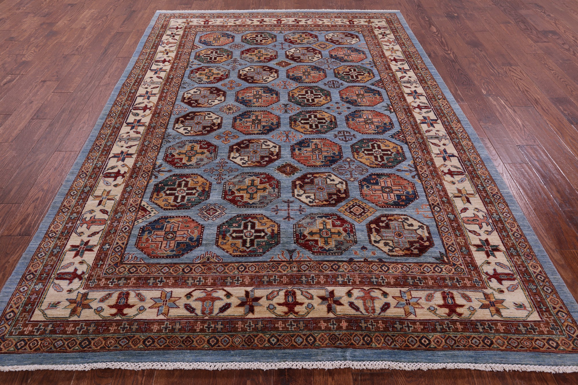 Blue Turkmen Ersari Hand Knotted Wool Rug - 6' 11" X 9' 9" - Golden Nile