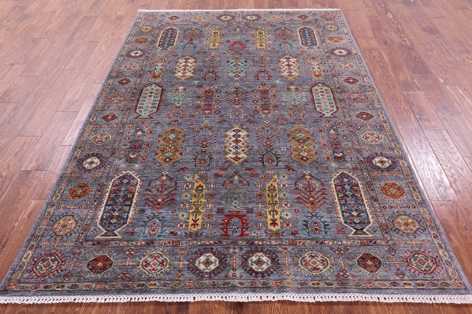 Grey Turkmen Ersari Handmade Wool Rug - 5' 7" X 7' 11" - Golden Nile
