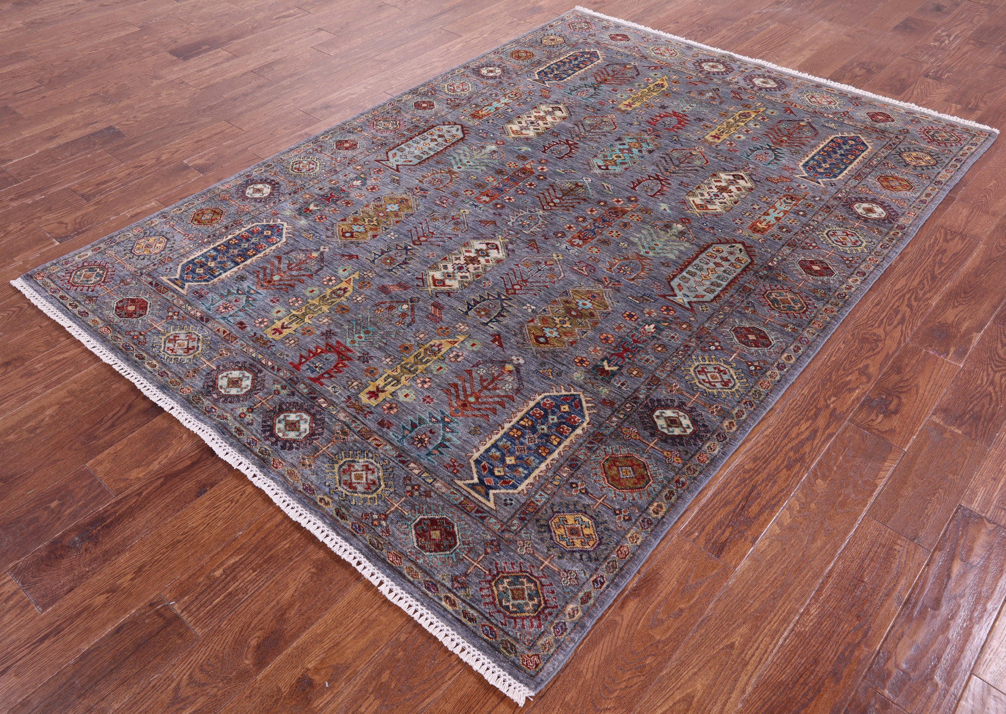 Grey Turkmen Ersari Handmade Wool Rug - 5' 7" X 7' 11" - Golden Nile