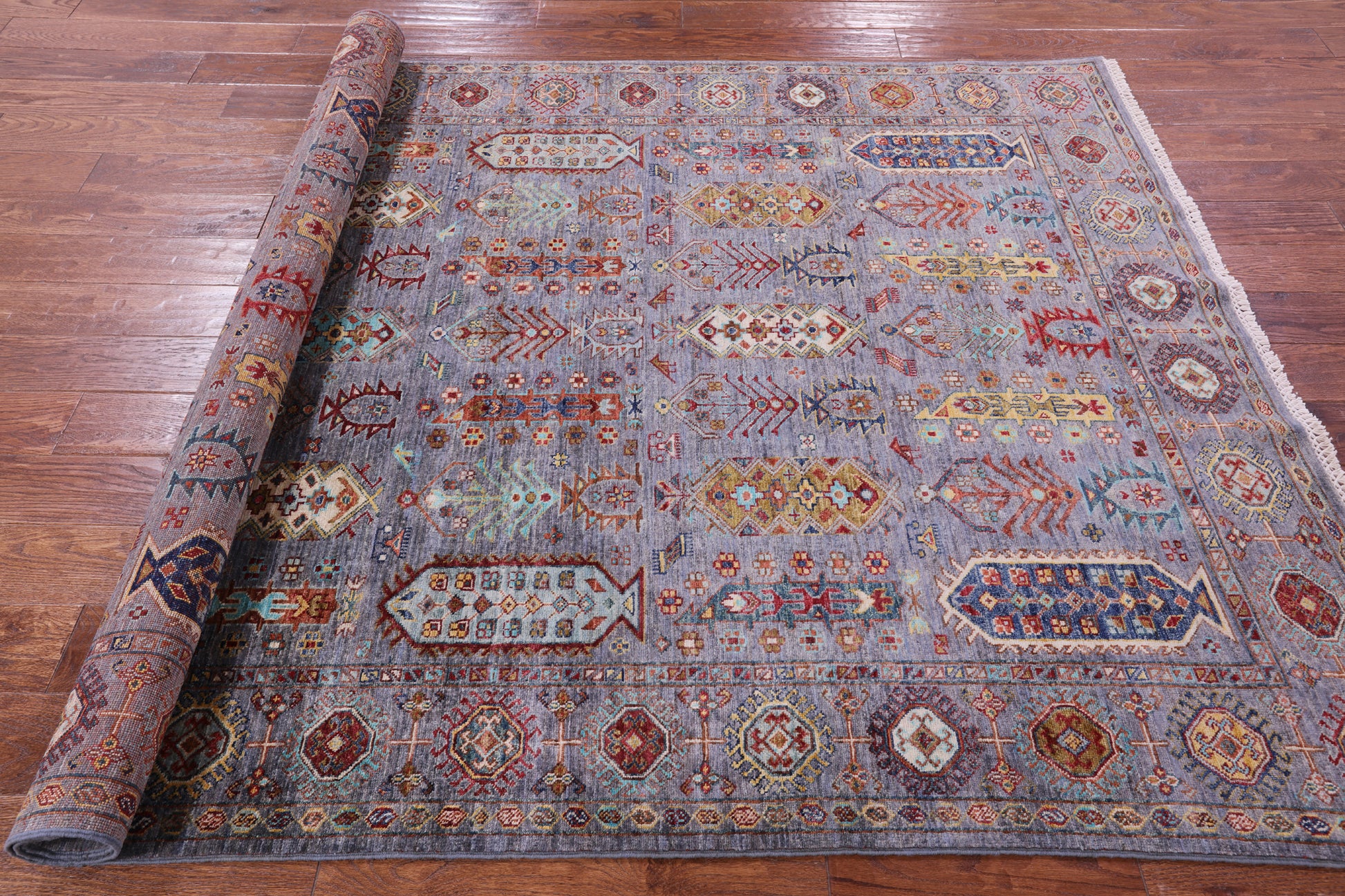 Grey Turkmen Ersari Handmade Wool Rug - 5' 7" X 7' 11" - Golden Nile