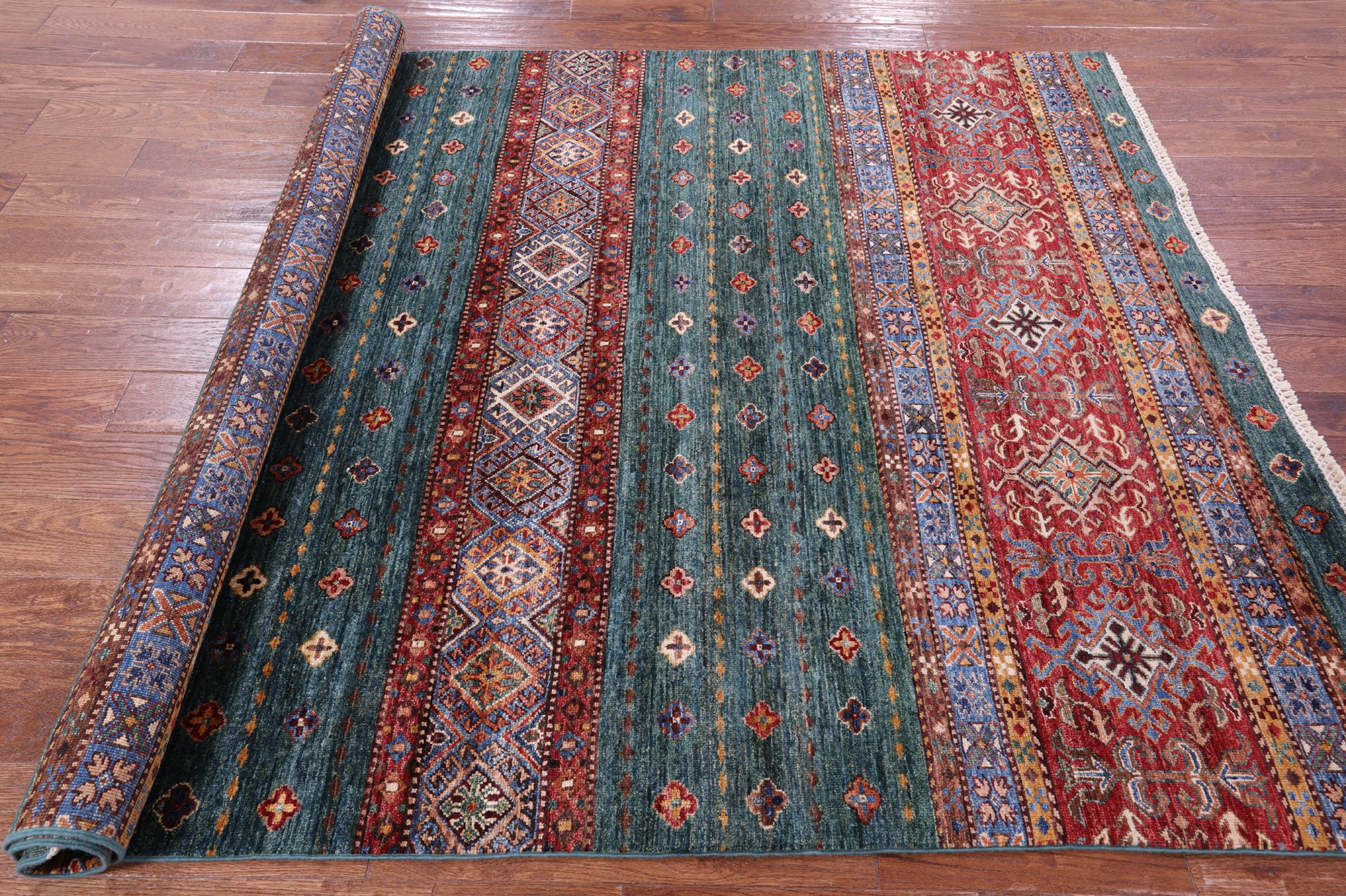 Green Khorjin Persian Gabbeh Hand Knotted Wool Rug - 5' 10" X 7' 10" - Golden Nile