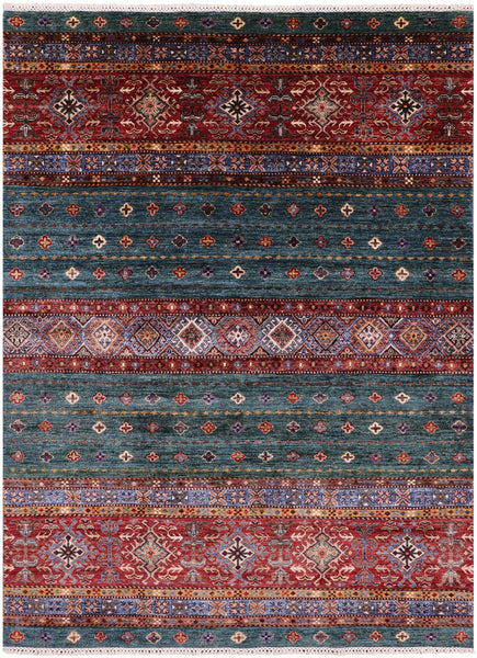 Green Khorjin Persian Gabbeh Hand Knotted Wool Rug - 5' 10" X 7' 10" - Golden Nile