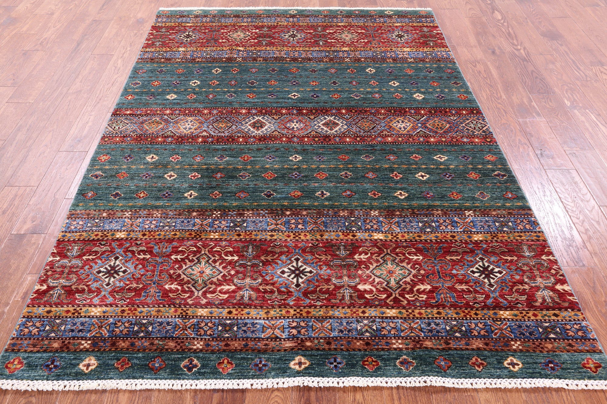 Green Khorjin Persian Gabbeh Hand Knotted Wool Rug - 5' 10" X 7' 10" - Golden Nile
