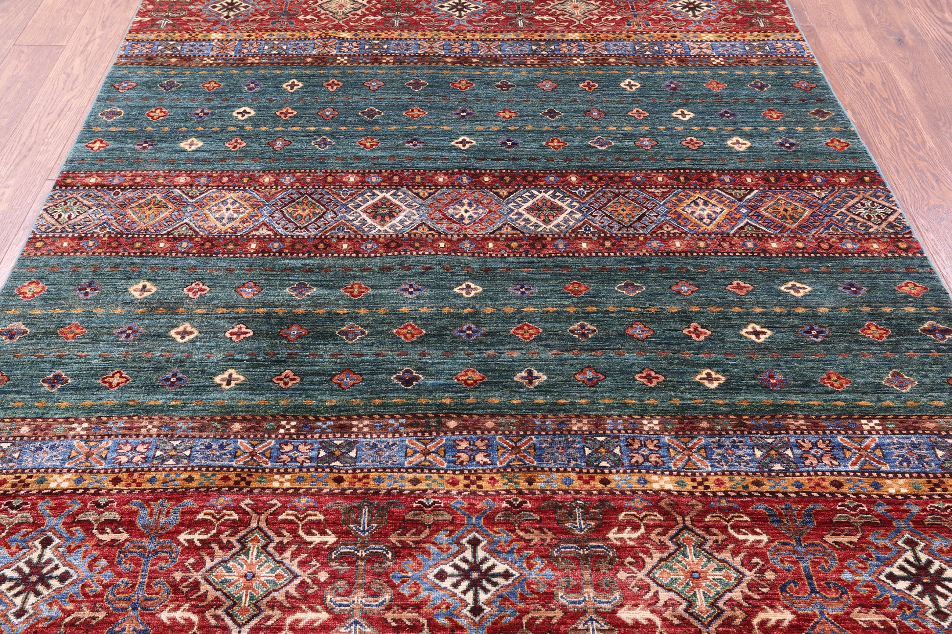 Green Khorjin Persian Gabbeh Hand Knotted Wool Rug - 5' 10" X 7' 10" - Golden Nile