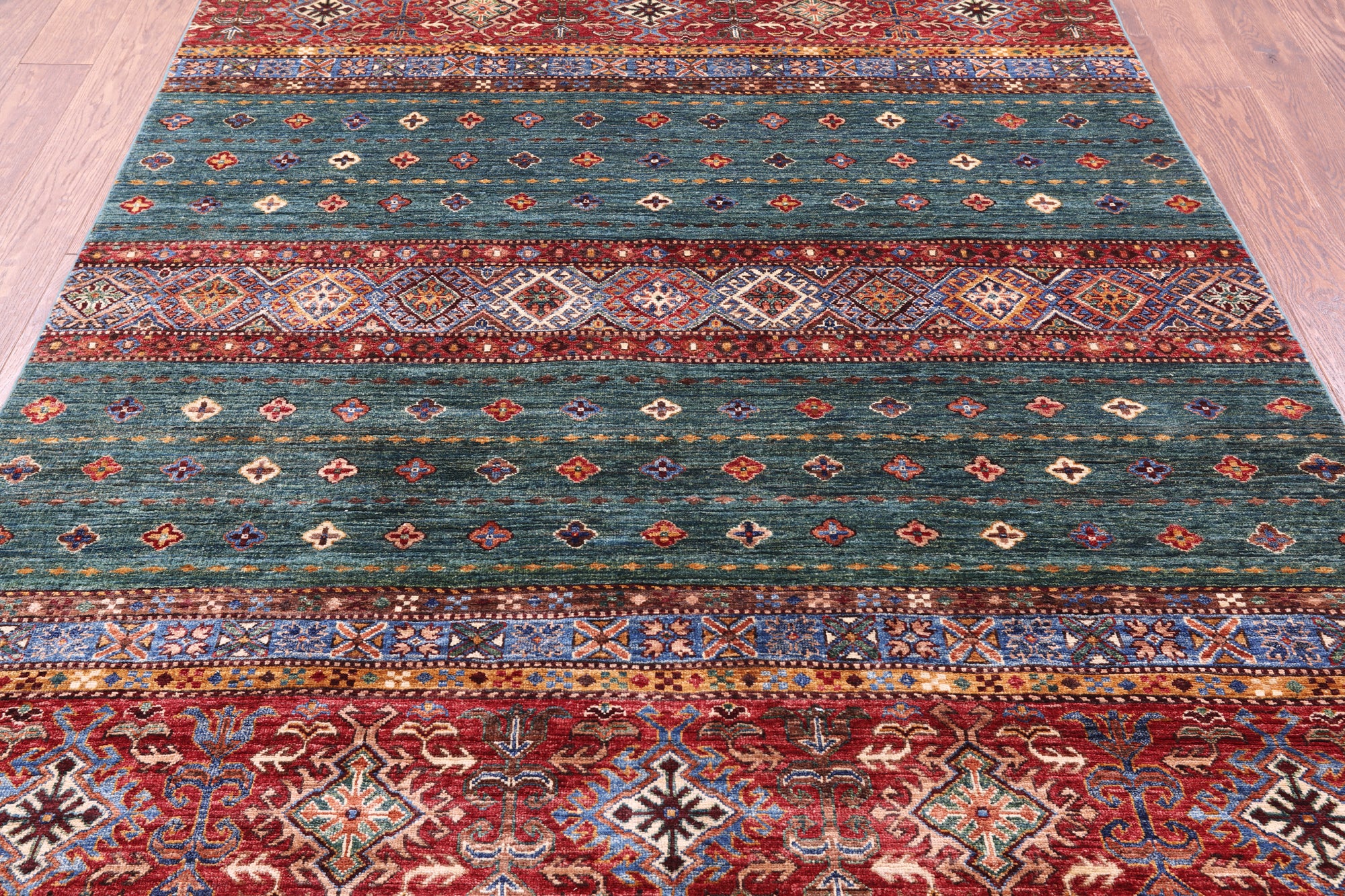 Green Khorjin Persian Gabbeh Hand Knotted Wool Rug - 5' 10" X 7' 10" - Golden Nile