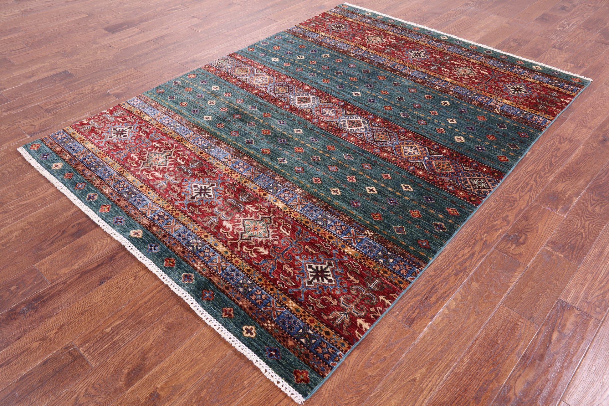 Green Khorjin Persian Gabbeh Hand Knotted Wool Rug - 5' 10" X 7' 10" - Golden Nile