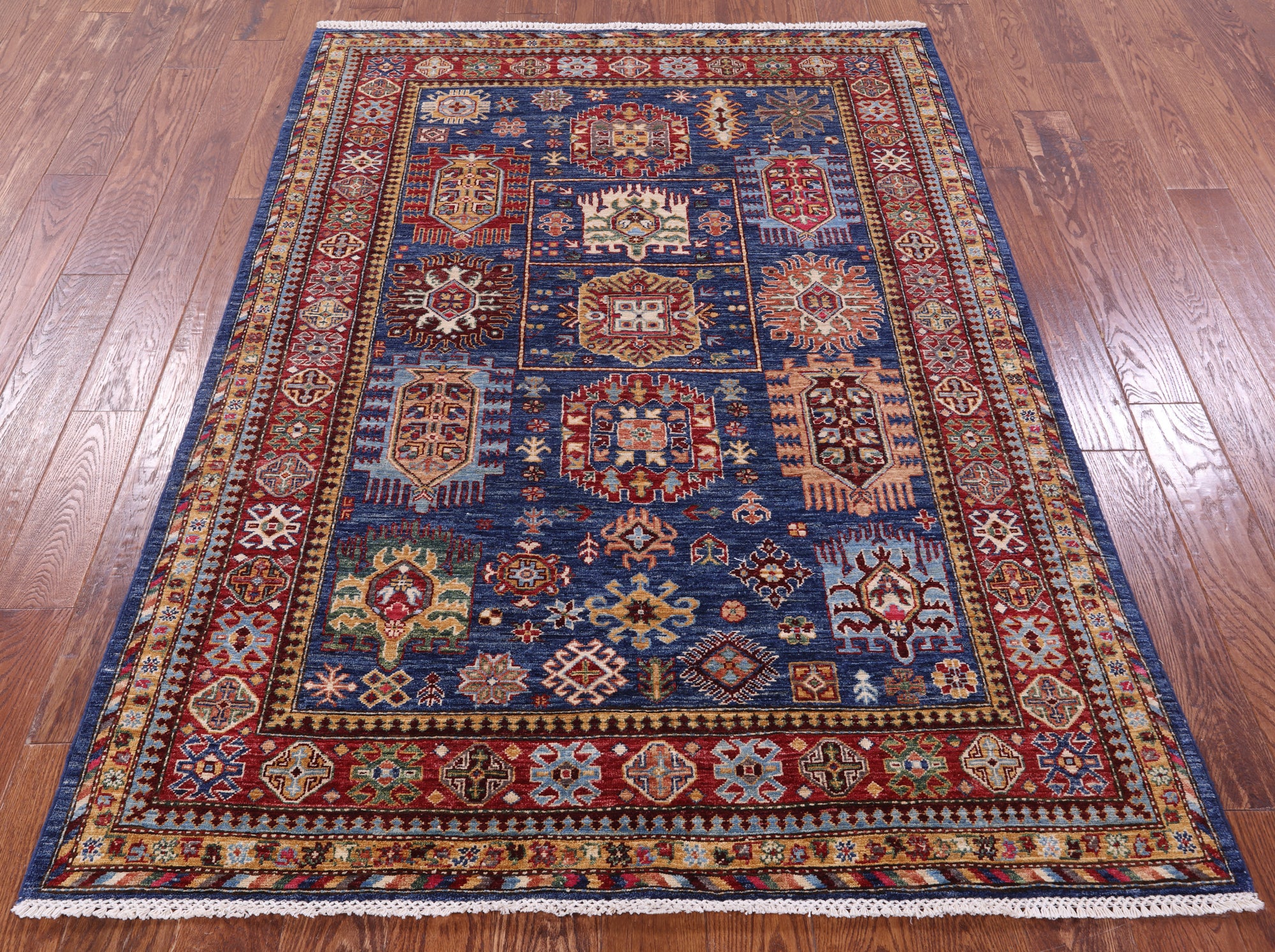Blue Super Kazak Hand Knotted Wool Rug - 4' 10" X 6' 7" - Golden Nile