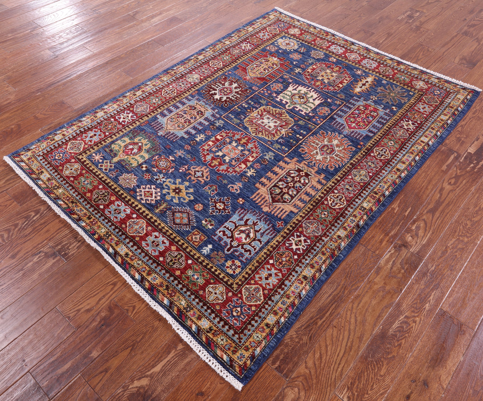 Blue Super Kazak Hand Knotted Wool Rug - 4' 10" X 6' 7" - Golden Nile