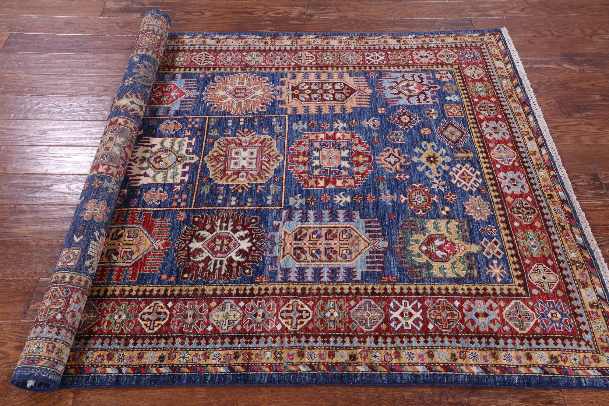 Blue Super Kazak Hand Knotted Wool Rug - 4' 10" X 6' 7" - Golden Nile