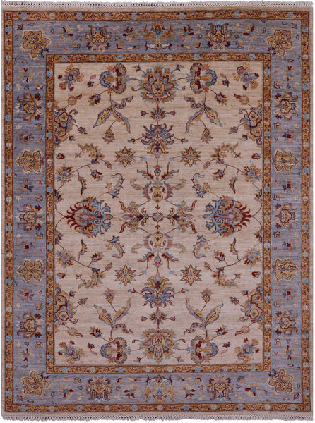 Ivory Persian Tabriz Hand Knotted Wool Rug - 5' 0" X 6' 7" - Golden Nile