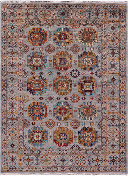 Grey Turkmen Ersari Hand Knotted Wool Rug - 5' 8" X 7' 10" - Golden Nile