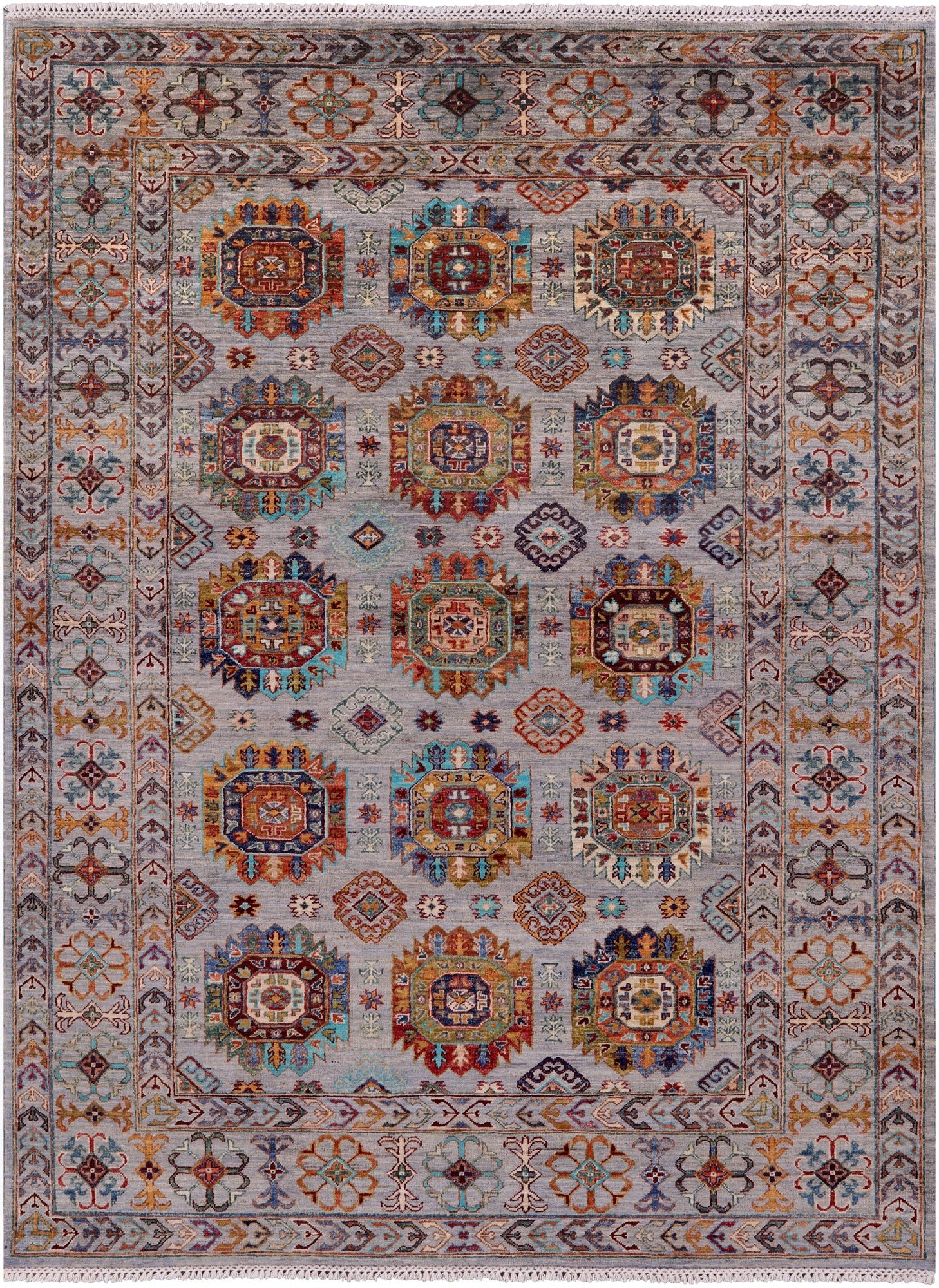 Grey Turkmen Ersari Hand Knotted Wool Rug - 5' 8" X 7' 10" - Golden Nile