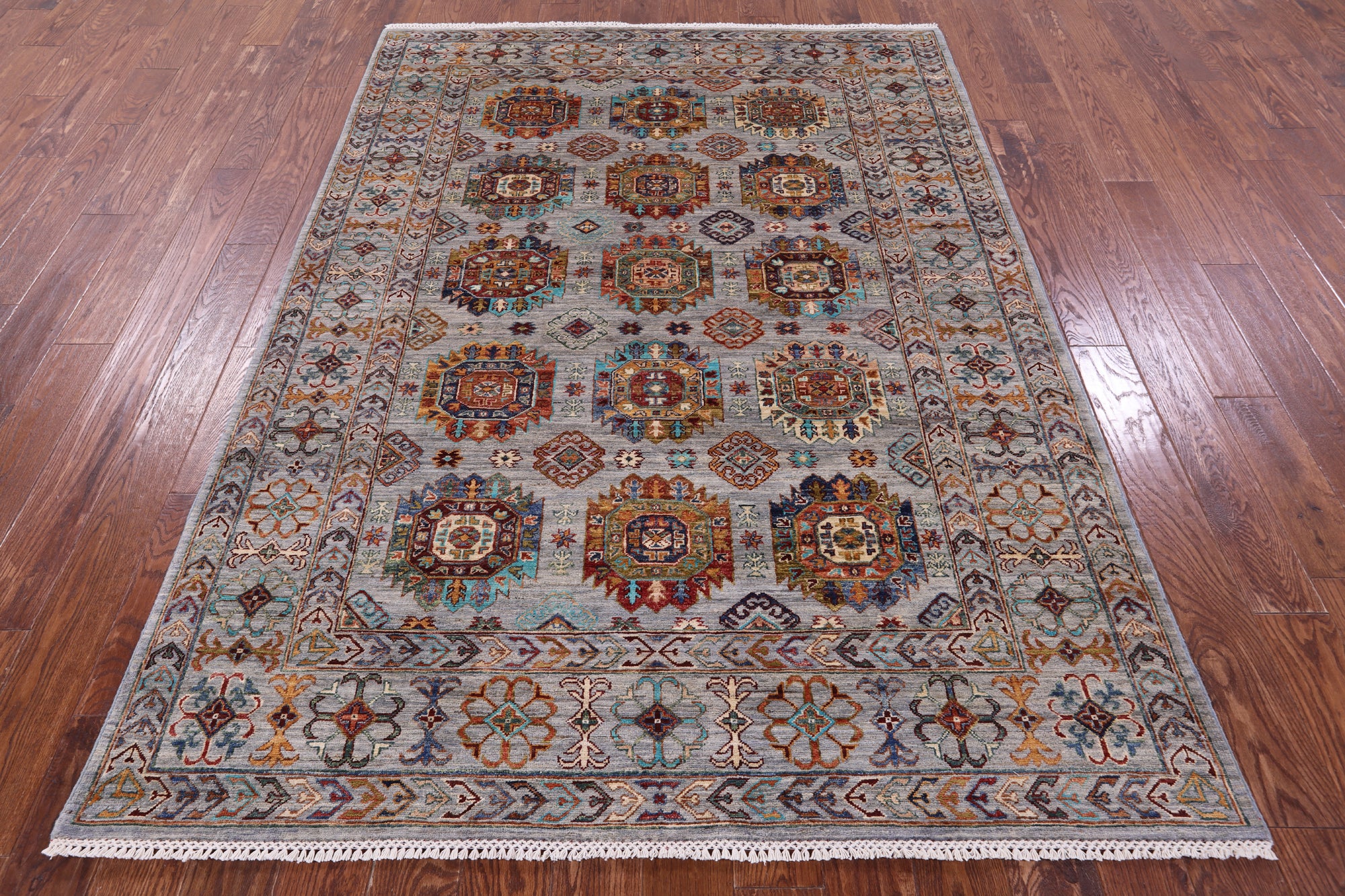 Grey Turkmen Ersari Hand Knotted Wool Rug - 5' 8" X 7' 10" - Golden Nile