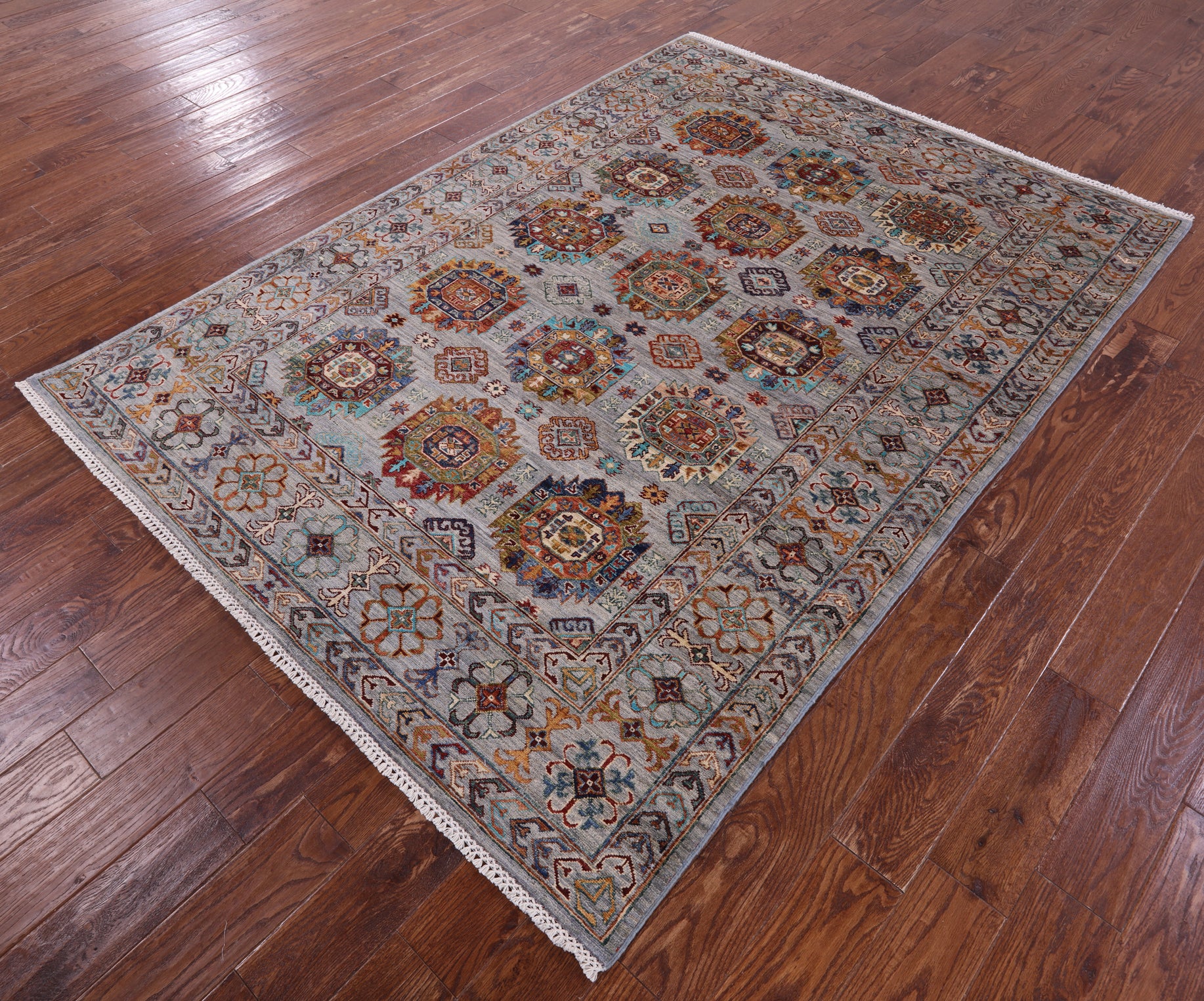 Grey Turkmen Ersari Hand Knotted Wool Rug - 5' 8" X 7' 10" - Golden Nile