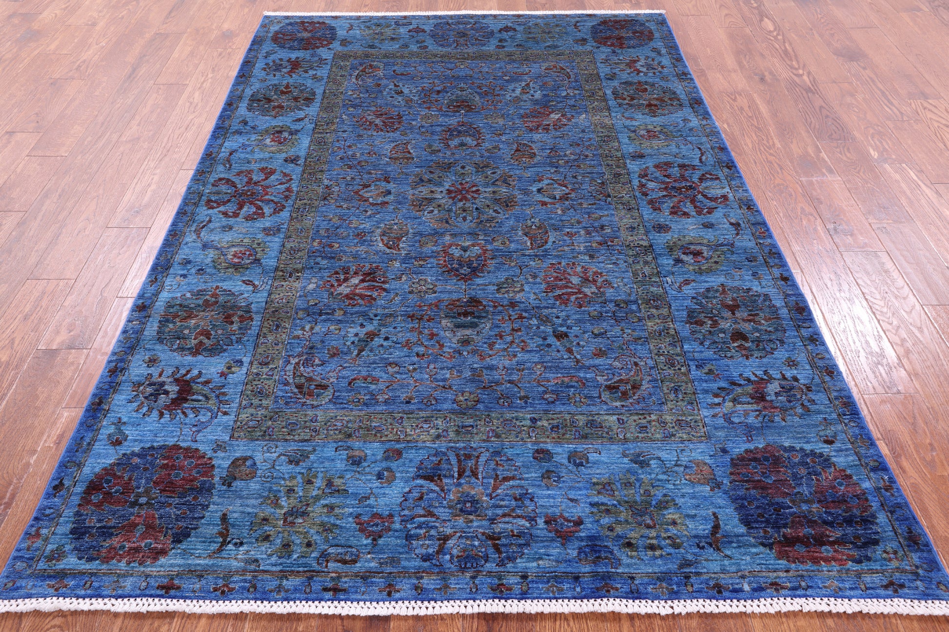 Blue William Morris Hand Knotted Wool Rug - 5' 7" X 8' 1" - Golden Nile