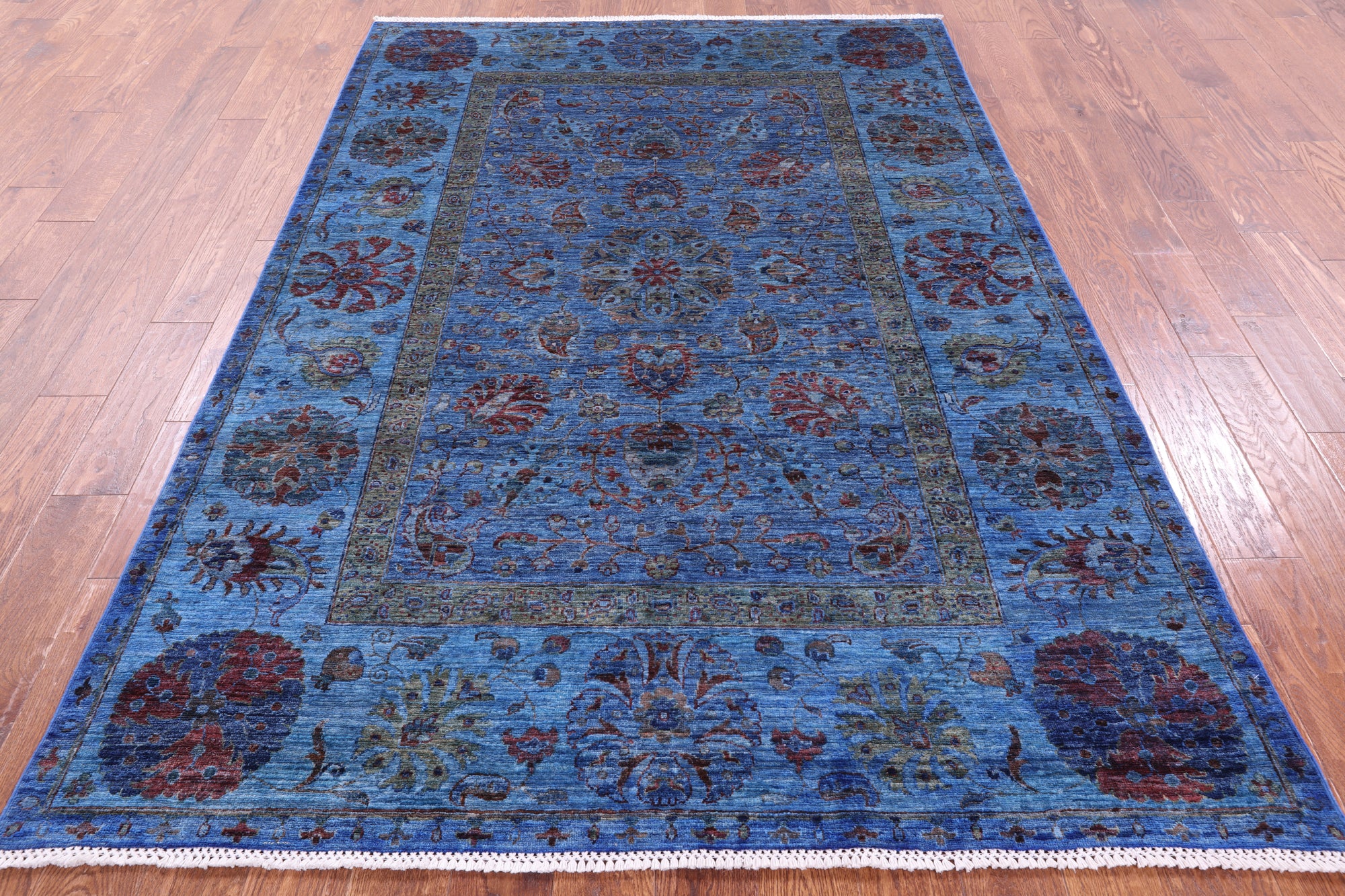 Blue William Morris Hand Knotted Wool Rug - 5' 7" X 8' 1" - Golden Nile