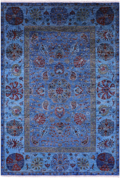 Blue William Morris Hand Knotted Wool Rug - 5' 7" X 8' 1" - Golden Nile