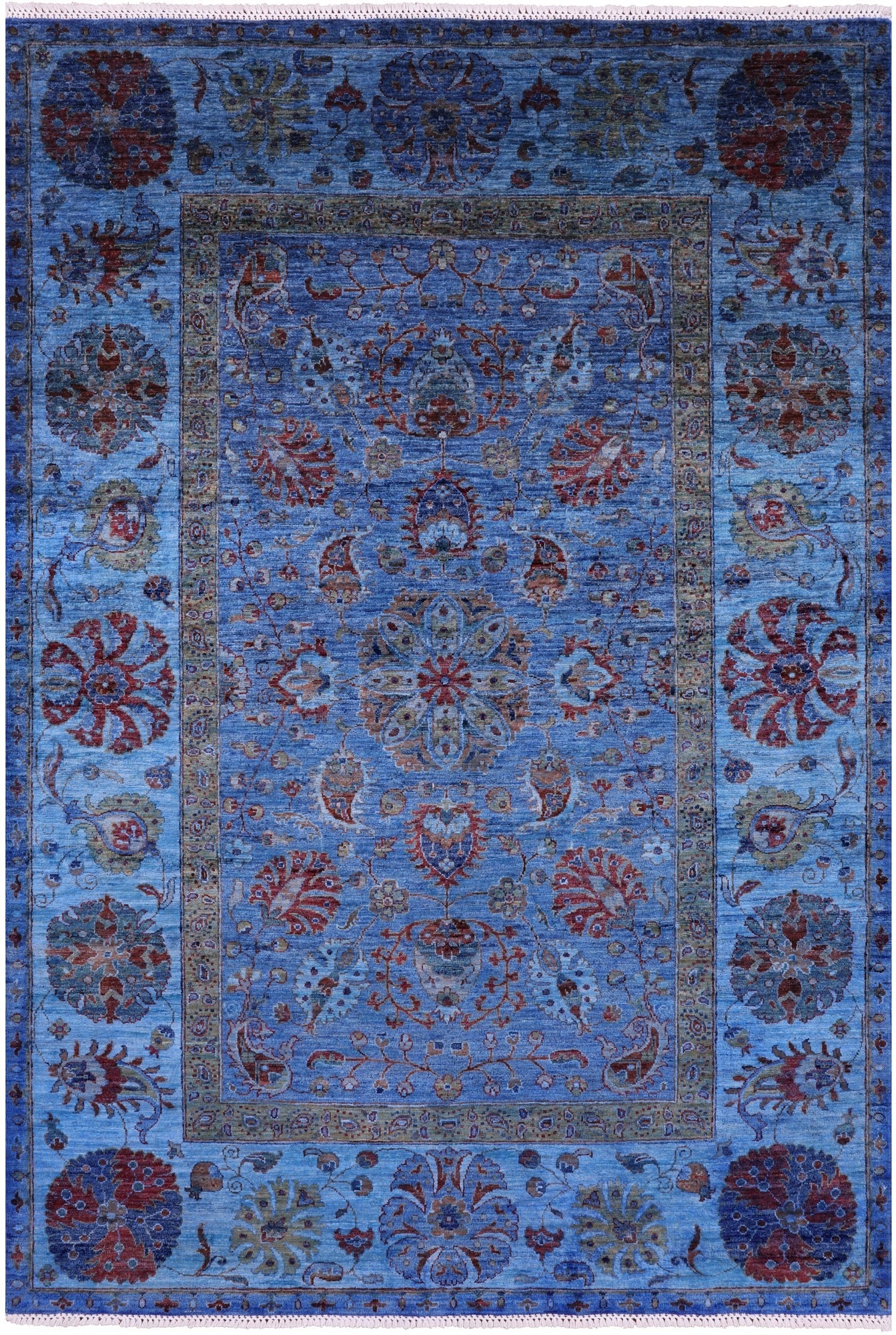 Blue William Morris Hand Knotted Wool Rug - 5' 7" X 8' 1" - Golden Nile