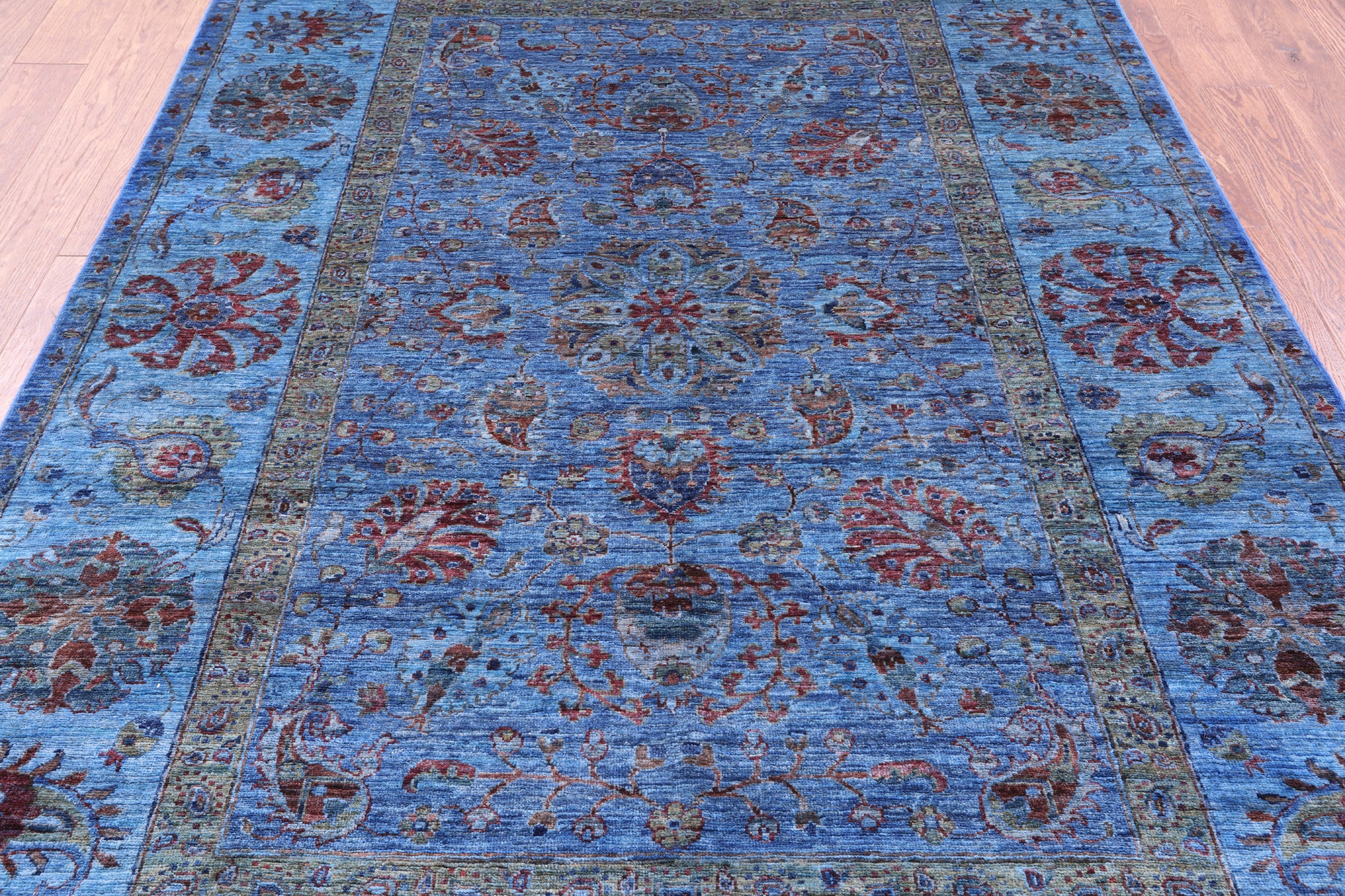 Blue William Morris Hand Knotted Wool Rug - 5' 7" X 8' 1" - Golden Nile