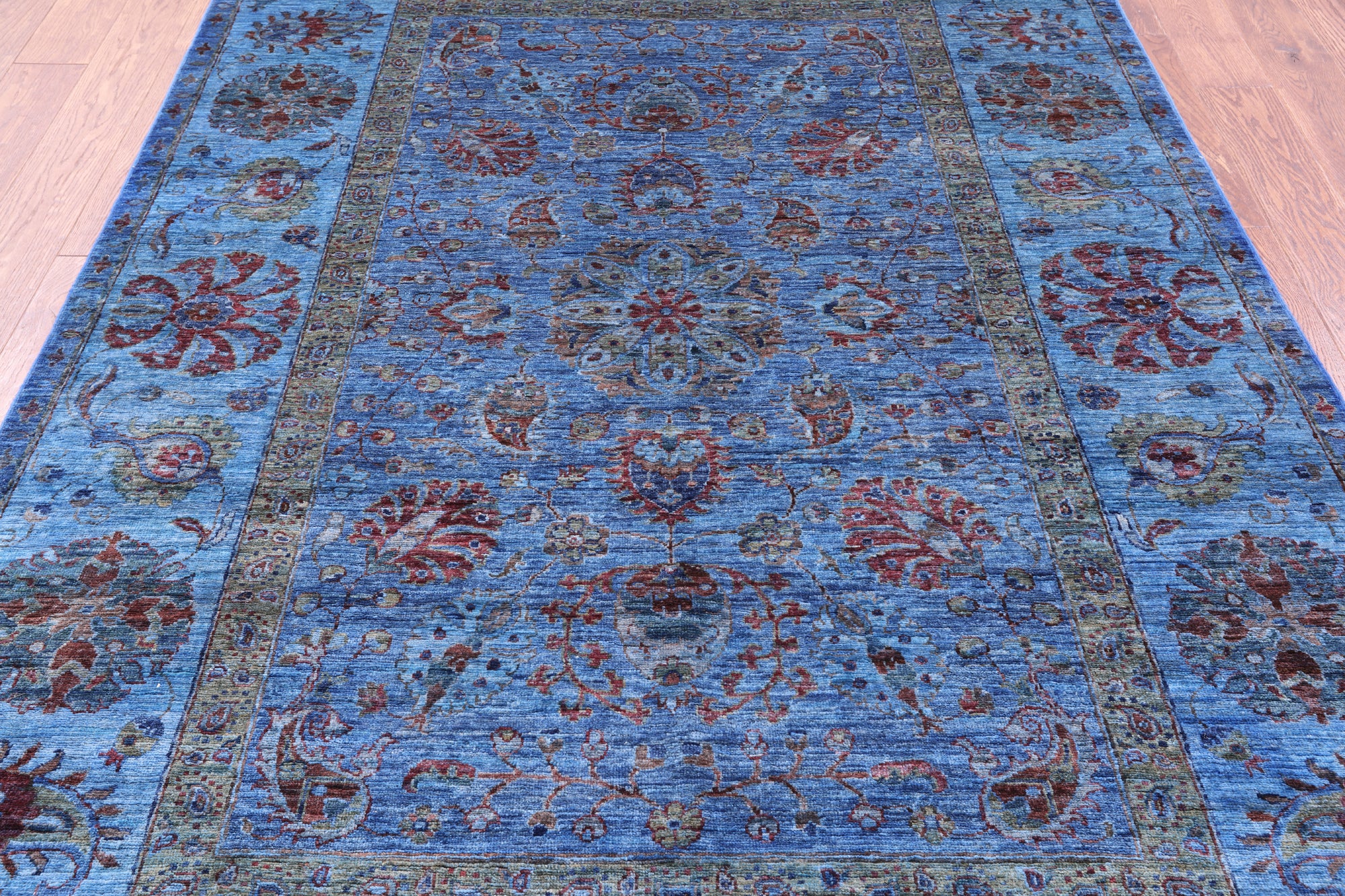 Blue William Morris Hand Knotted Wool Rug - 5' 7" X 8' 1" - Golden Nile