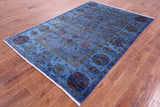 Blue William Morris Hand Knotted Wool Rug - 5' 7" X 8' 1" - Golden Nile