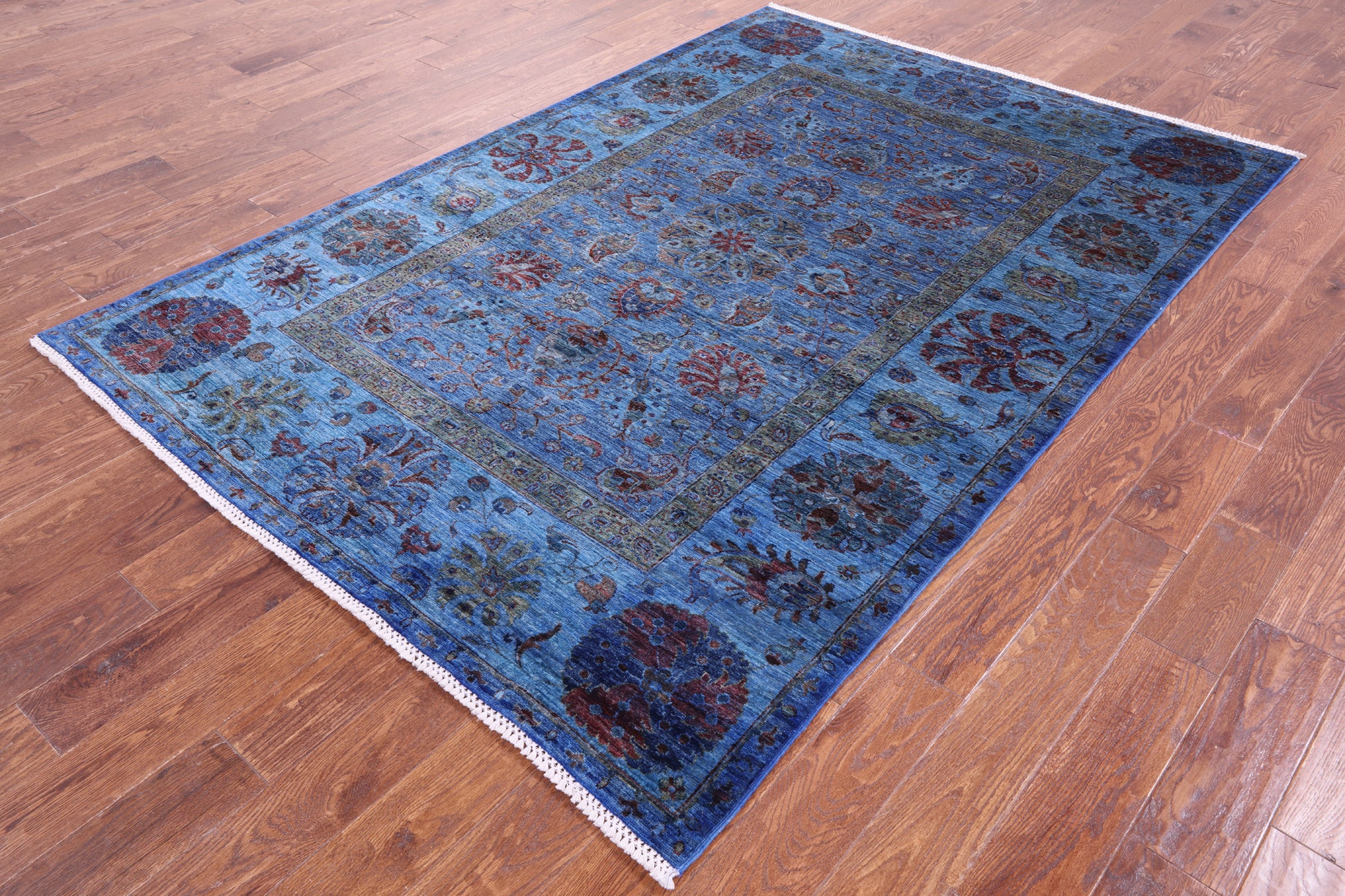 Blue William Morris Hand Knotted Wool Rug - 5' 7" X 8' 1" - Golden Nile