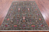 Green Peshawar Hand Knotted Wool Rug - 5' 10" X 7' 10" - Golden Nile
