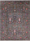Green Peshawar Hand Knotted Wool Rug - 5' 10" X 7' 10" - Golden Nile