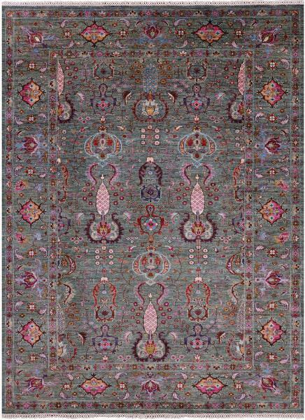 Green Peshawar Hand Knotted Wool Rug - 5' 10" X 7' 10" - Golden Nile